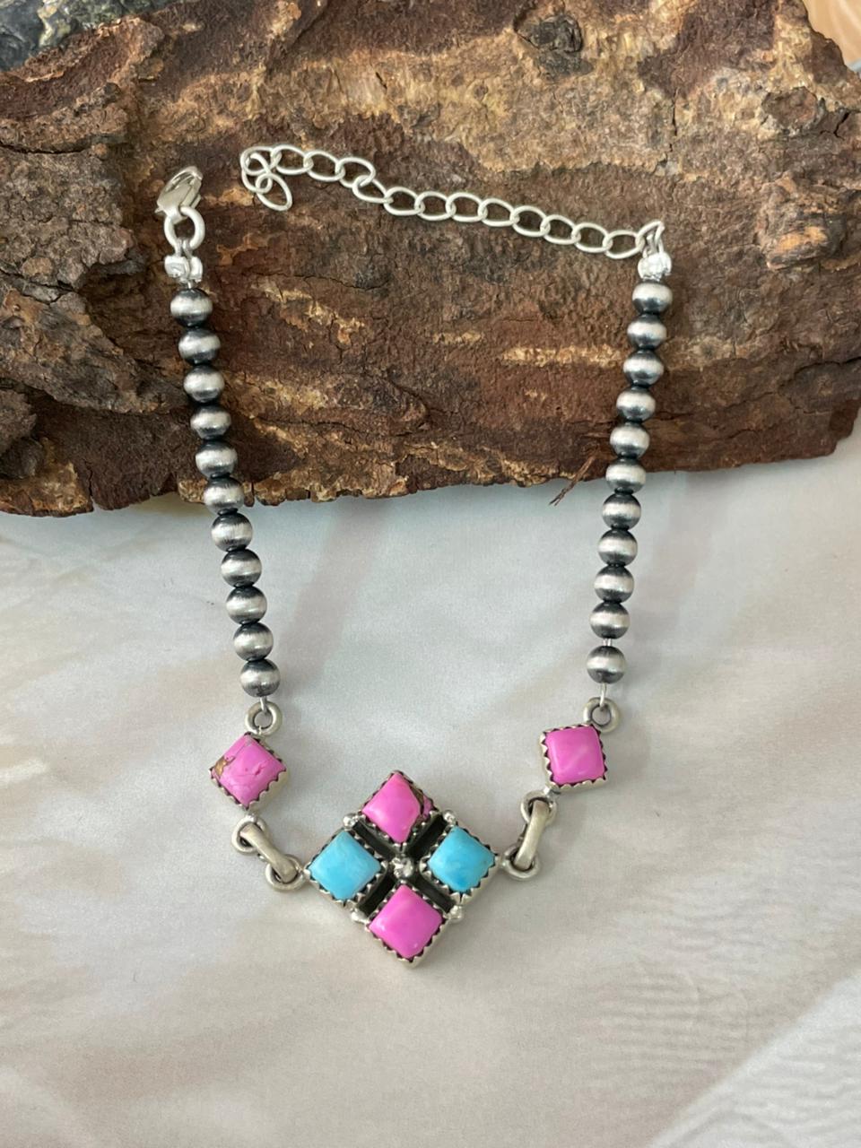 Handmade Sterling Silver Cotton Candy Beaded Bracelet "Signed Nizhoni"