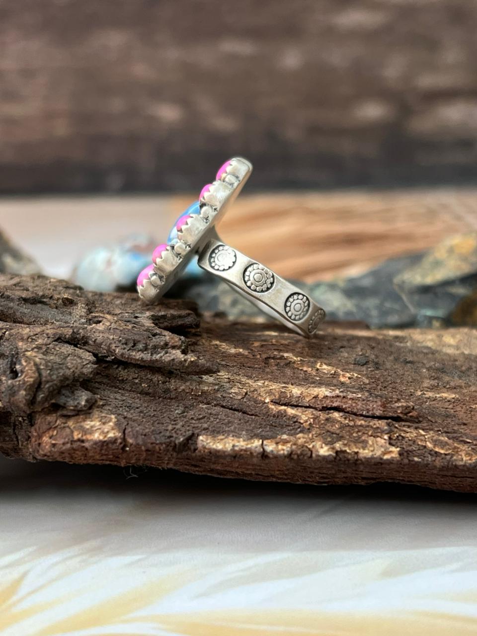 Handmade Sterling Silver Cotton Candy with Golden Hills Turquoise Adjustable Ring "Signed Nizhoni"