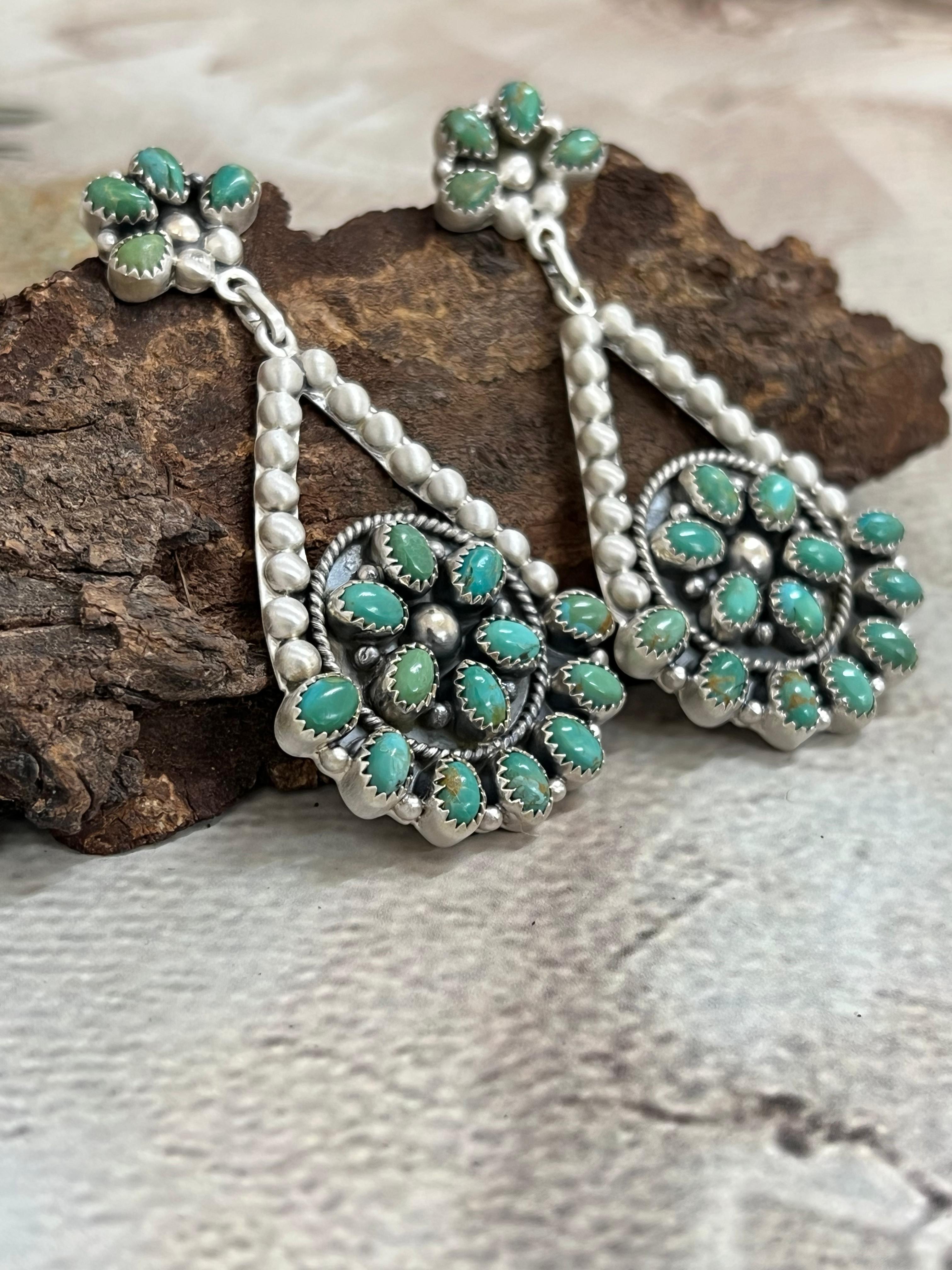 Handmade Sterling Silver Kingman Turquoise Post Dangle Earrings with Signed Nizhoni