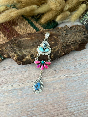 Handmade Sterling Silver Kingman with Golden Hills Turquoise and Hot Pink Pendant "Signed Nizhoni"