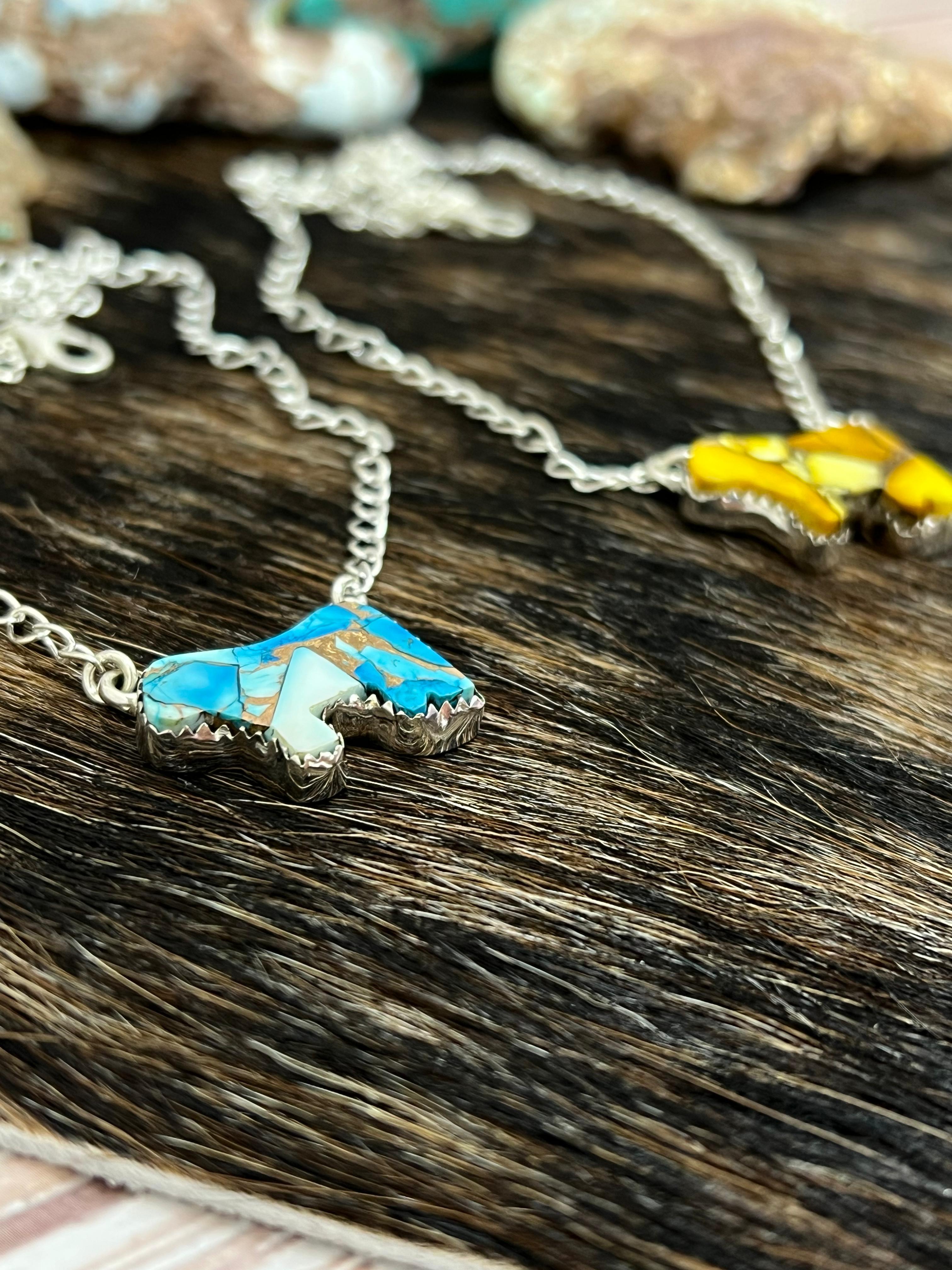 Handmade Sterling Silver Honey Dahlia, Blue Ice Rose Dahlia Bull Necklace with Signed Nizhoni