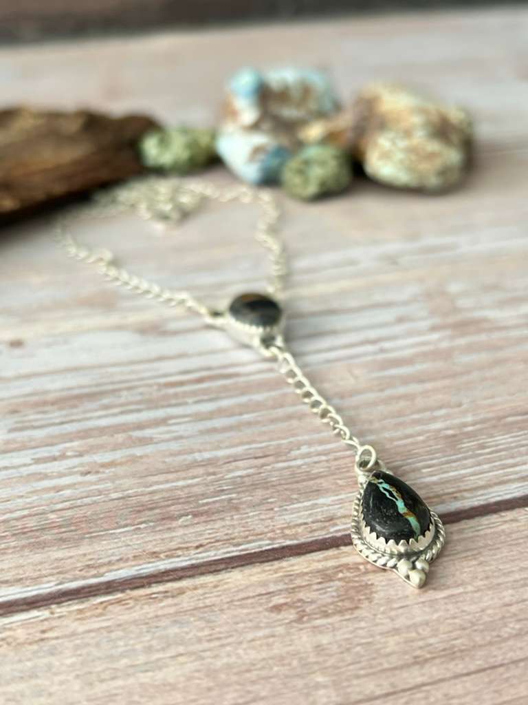 Handmade Sterling Silver Blackjack Turquoise Lariat Necklace with Signed Nizhoni