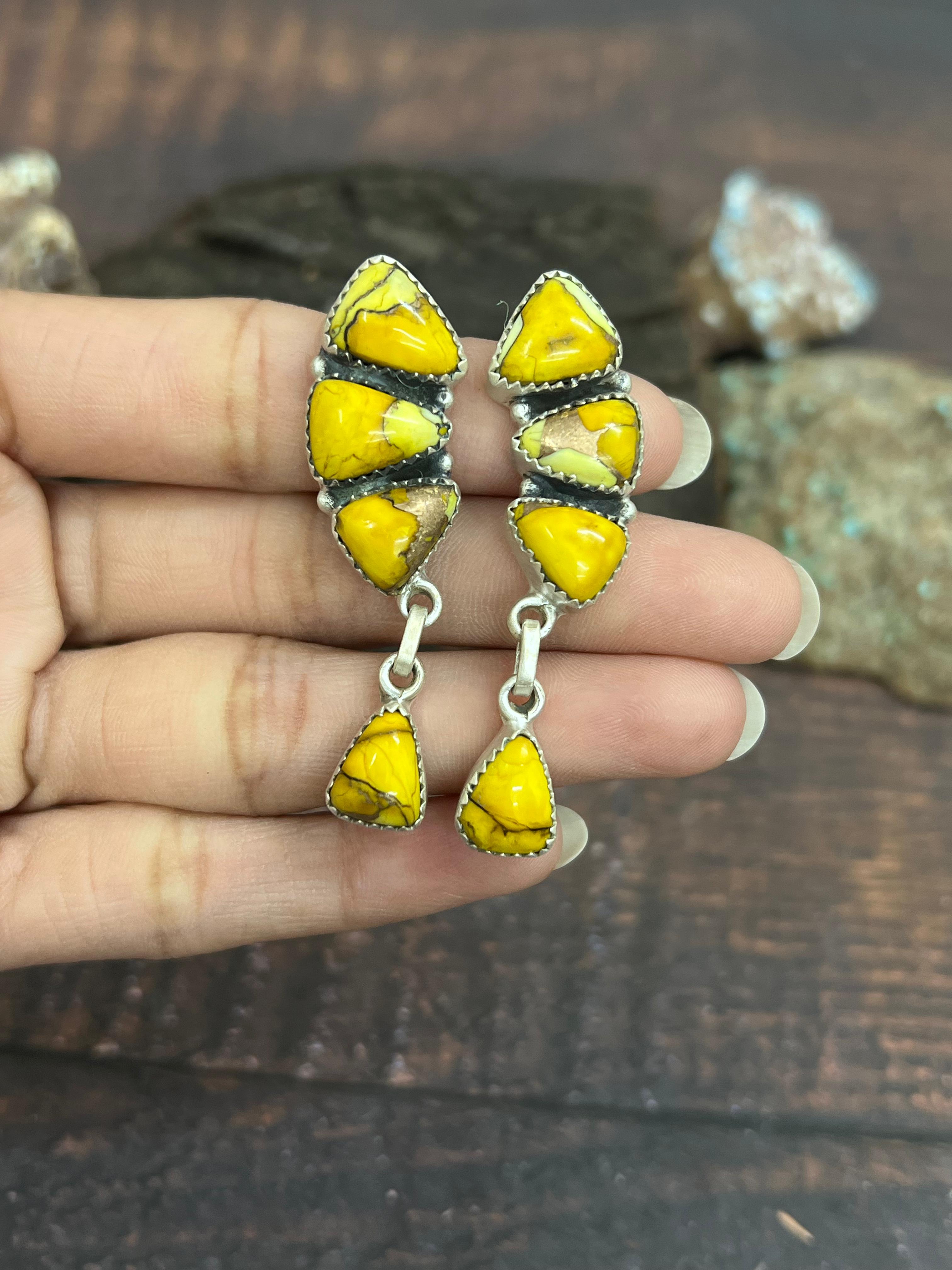 Handmade Sterling Silver Honey Dahlia Post Dangle Earrings with Signed Nizhoni