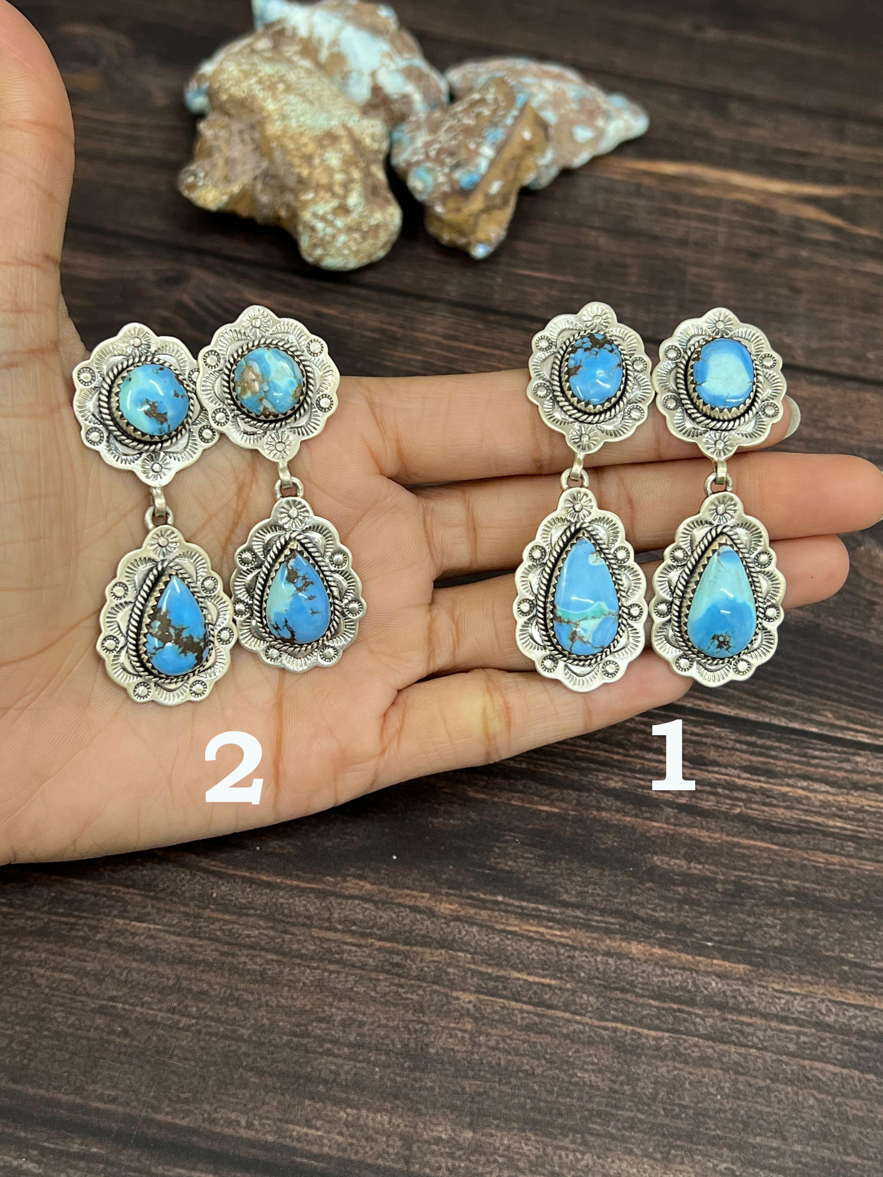 Handmade Sterling Silver Golden Hills Turquoise Post Dangle Earrings with Signed Nizhoni