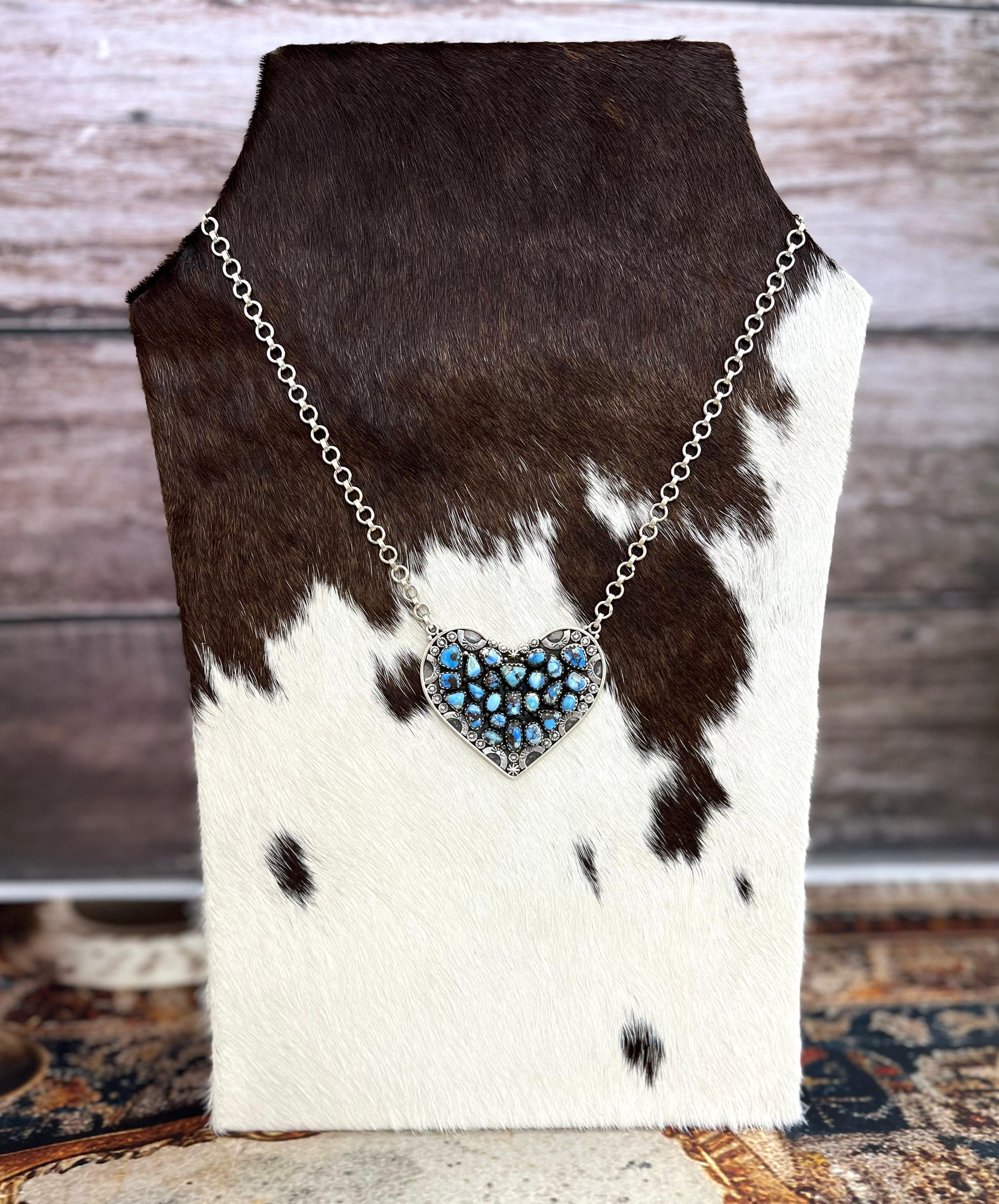 Handmade Sterling Silver Golden Hills Turquoise Heart Necklace with Signed Nizhoni