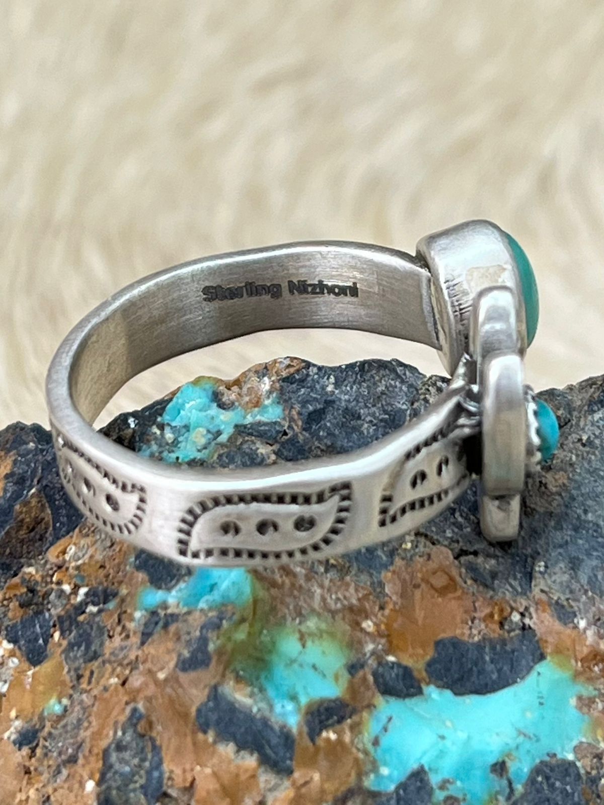 Handmade Sterling Silver Kingman Turquoise Adjustable Cactus Ring "Signed Nizhoni"