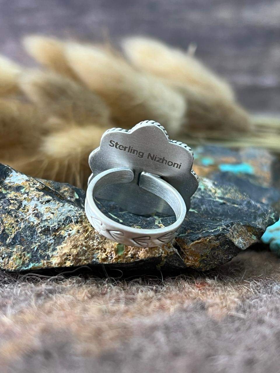 Handmade Sterling Silver White Buffalo with Lapis Adjusatble Ring "Signed Nizhoni"