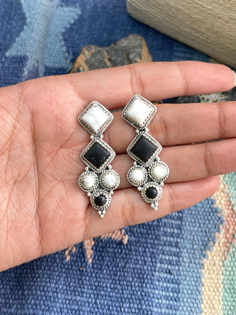 Handmade Sterling Silver White Buffalo Post Dangle Earrings "Signed Nizhoni"