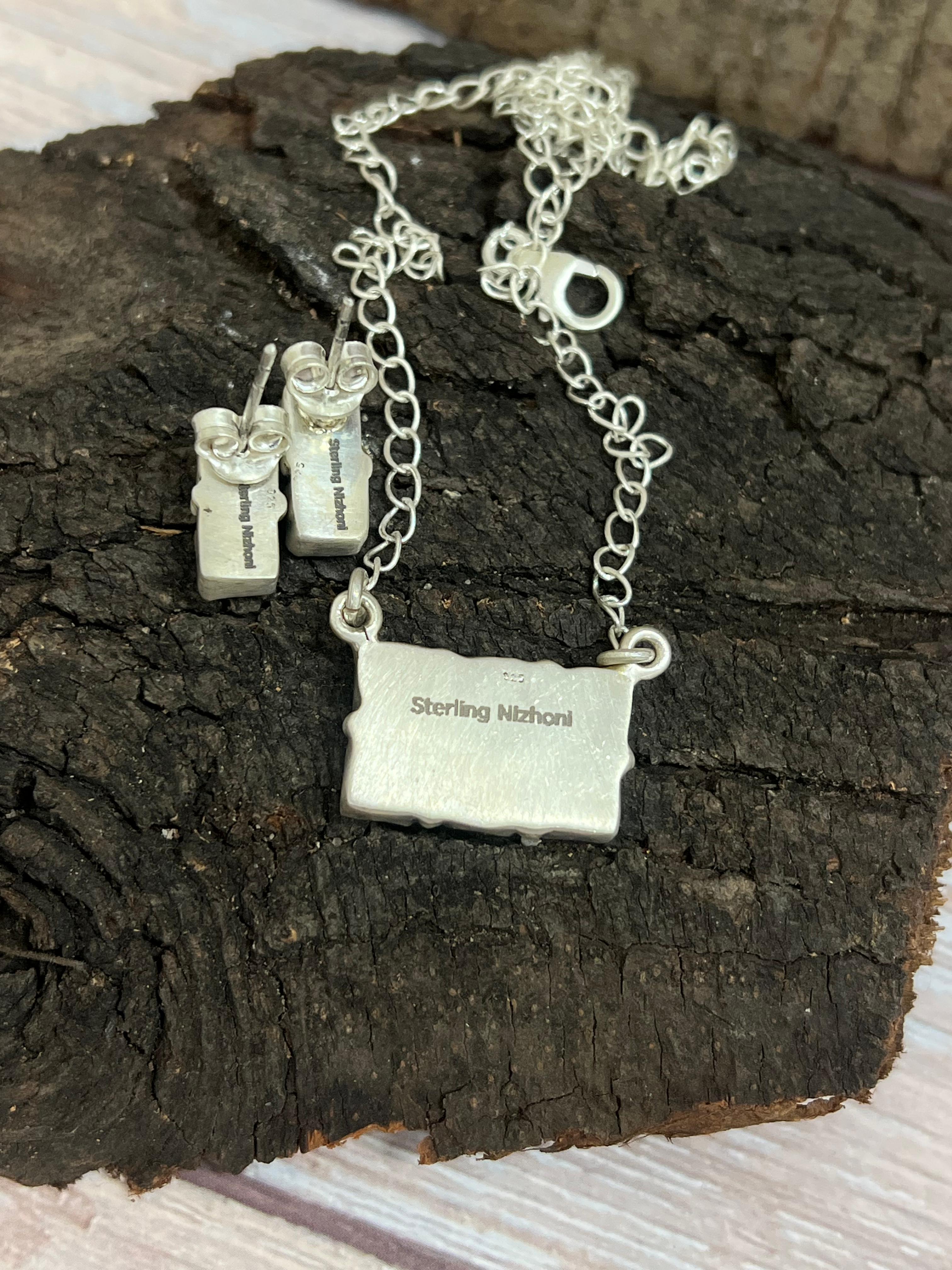 Handmade Sterling Silver White Buffalo Necklace & Earrings Set Signed Nizhoni