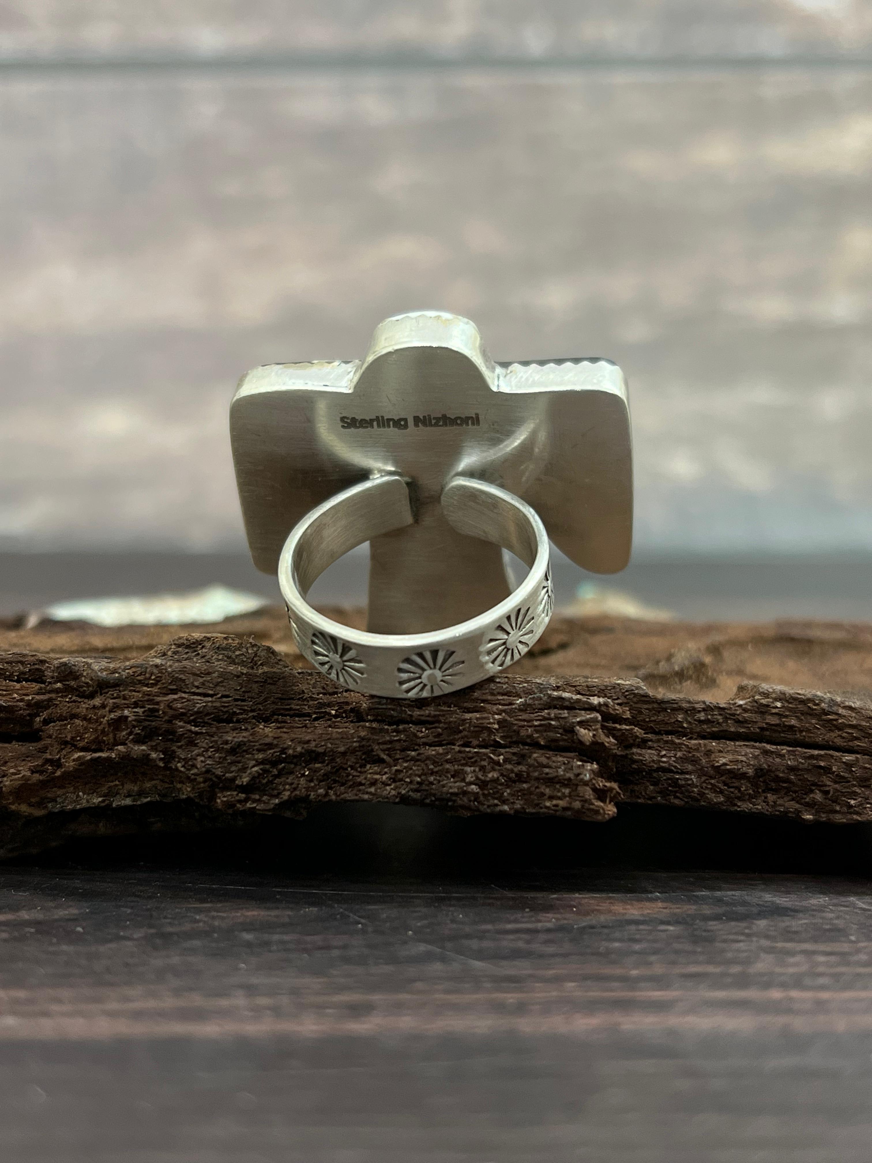 Handmade Sterling Silver White Buffalo Turquoise Adjustable Ring with Signed Nizhoni