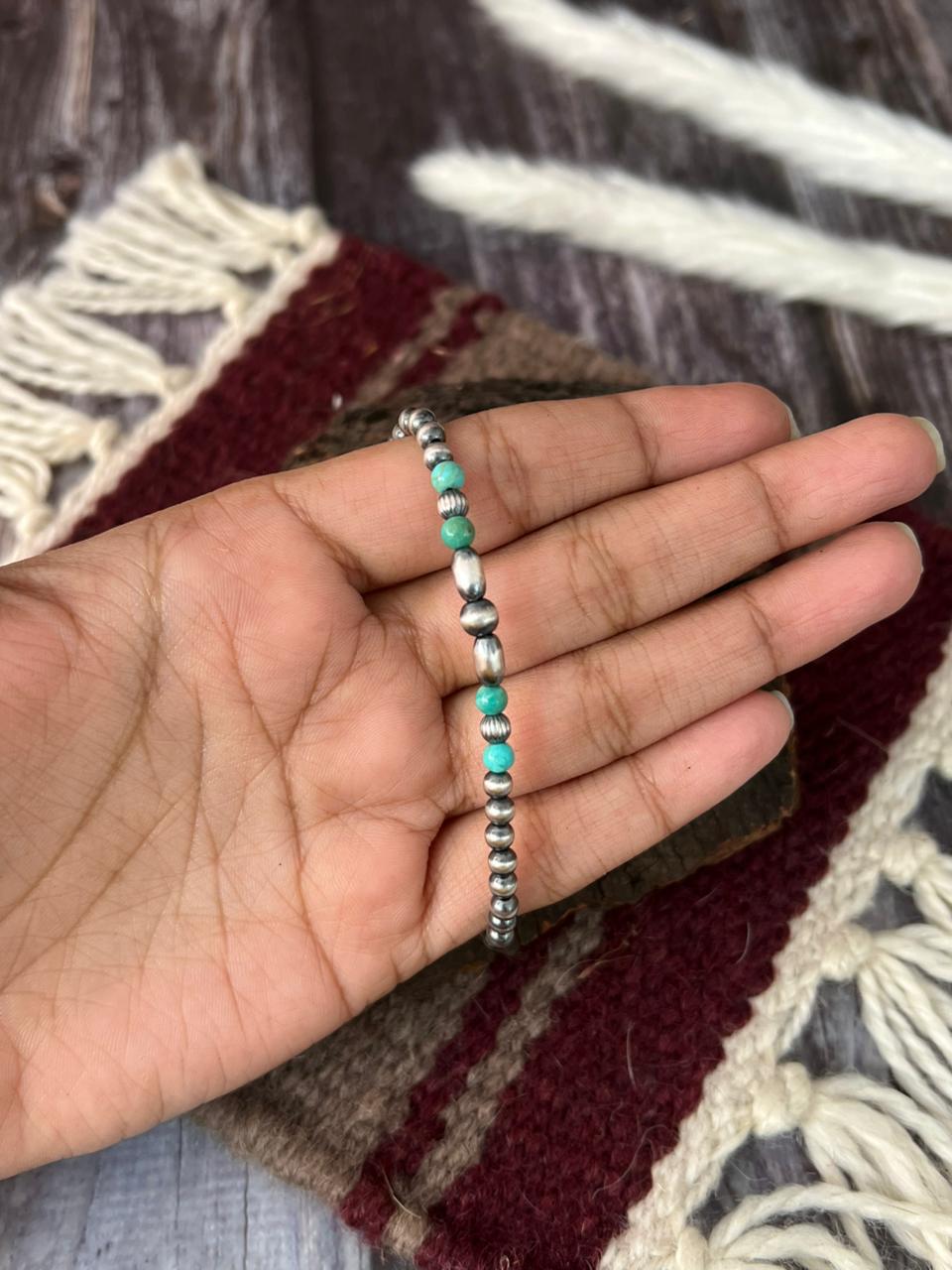 Handmade Sterling Silver Kingman Turquoise Beaded Stretch Bracelet