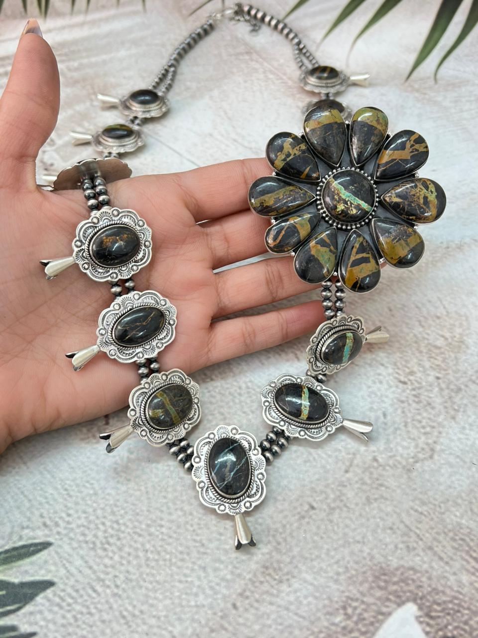 Handmade Sterling Silver Beaded Blackjack Turquoise Necklace "Signed Nizhoni"