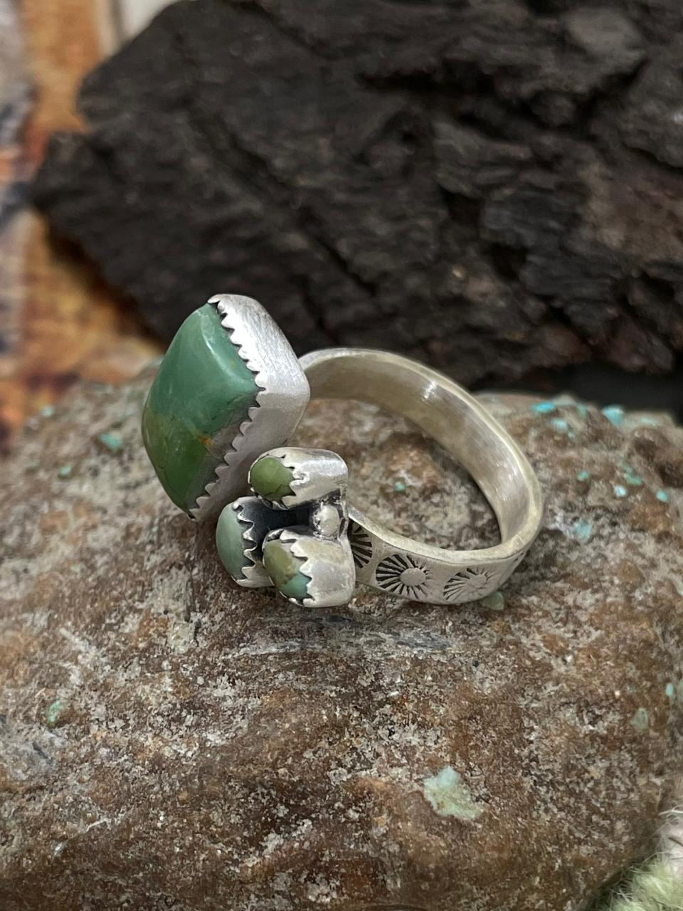 Handmade Sterling Silver Kingman Turquoise Adjustable Ring "Signed Nizhoni"