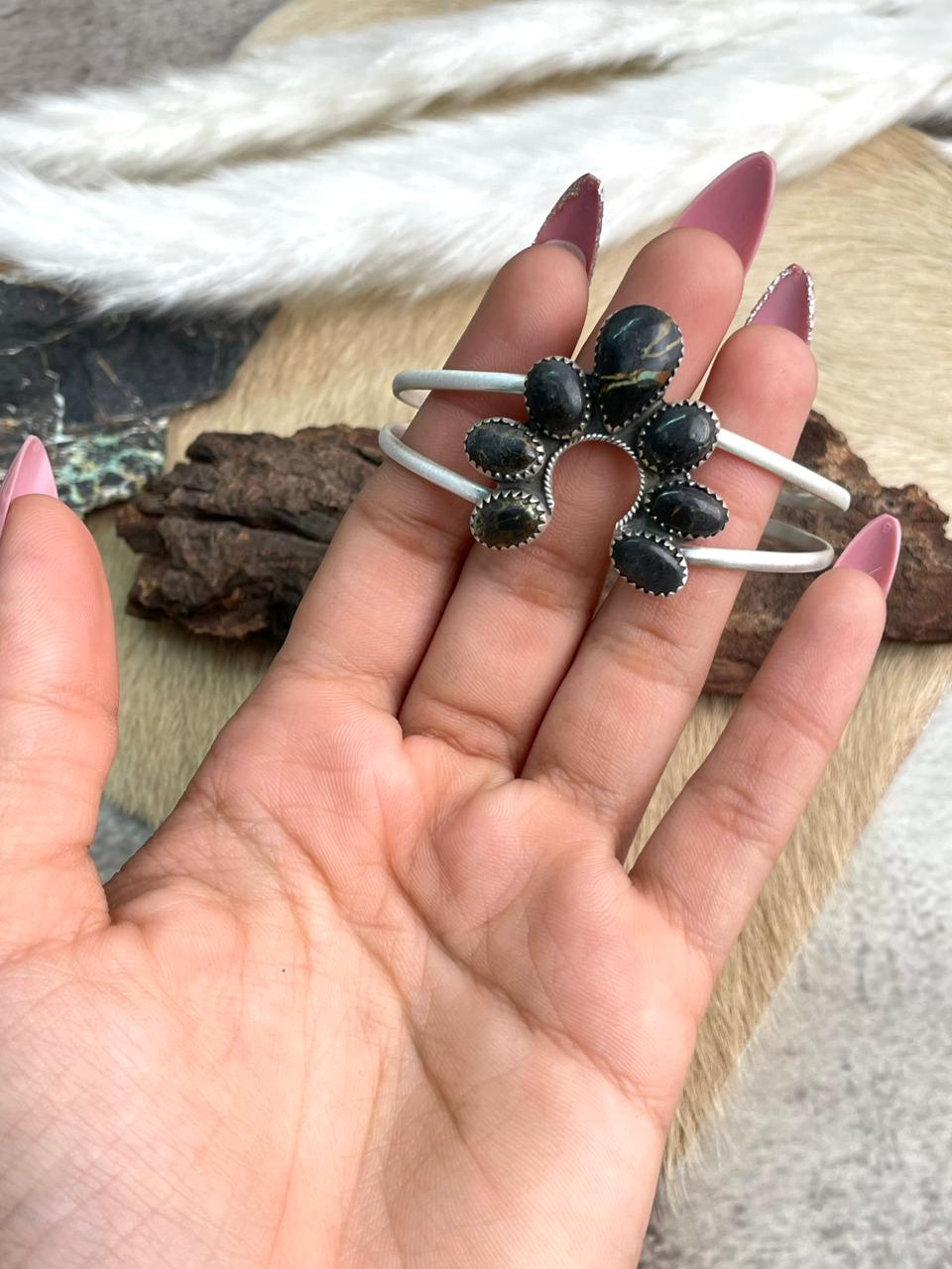 Handmade Sterling Silver Blackjack Turquoise Naja Bracelet "Signed Nizhoni"