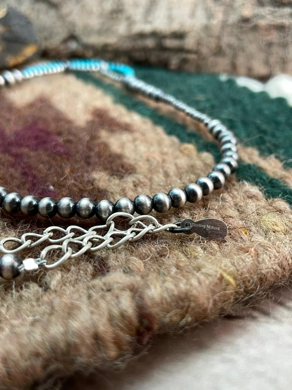 Handmade Sterling Silver Kingman Turquoise Beaded Necklace "Signed Nizhoni"