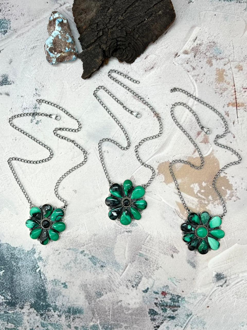 Handmade Sterling Silver Emerald Rose Necklace "Signed Nizhoni"