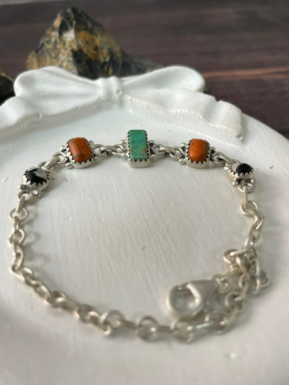 Handmade Sterling Silver Orange Mojave with Kingman and White Buffalo Chain Bracelet "Signed Nizhoni"