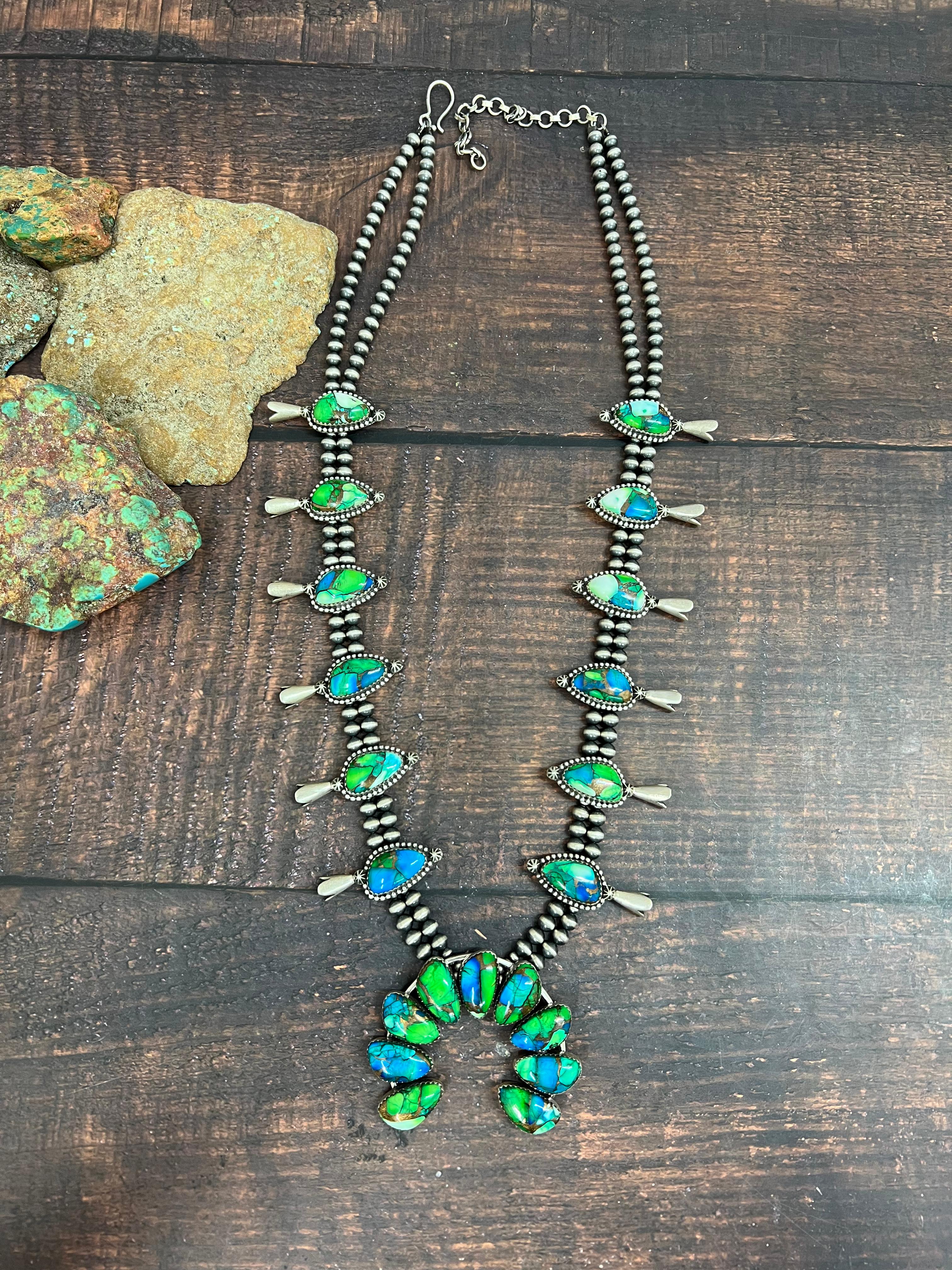 Handmade Sterling Silver Peacock Dahlia Beaded Necklace with Signed Nizhoni