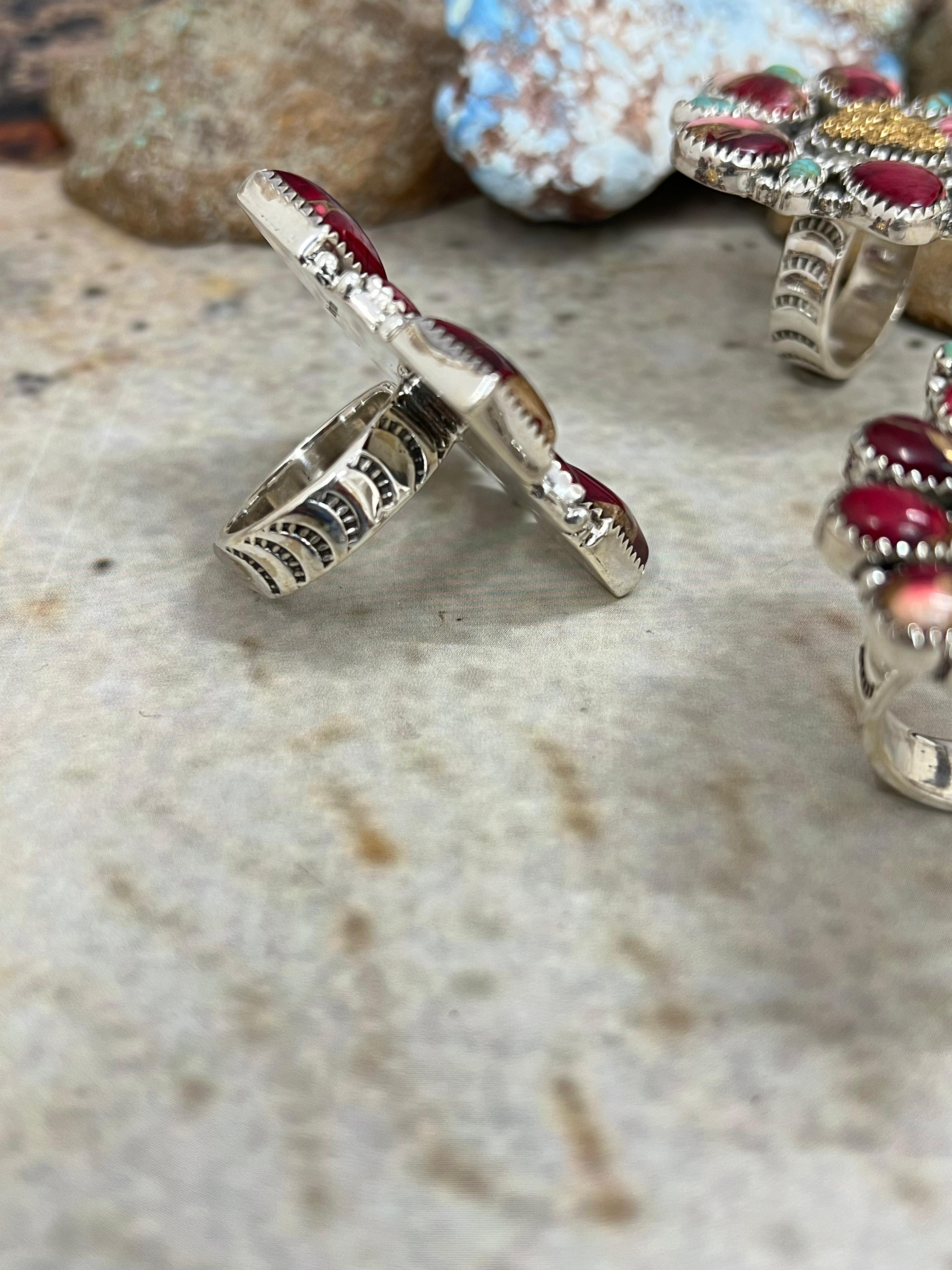 Handmade Sterling Silver Dahlia Rose with Druzy & Kingman Adjustable Ring, Signed Nizhoni