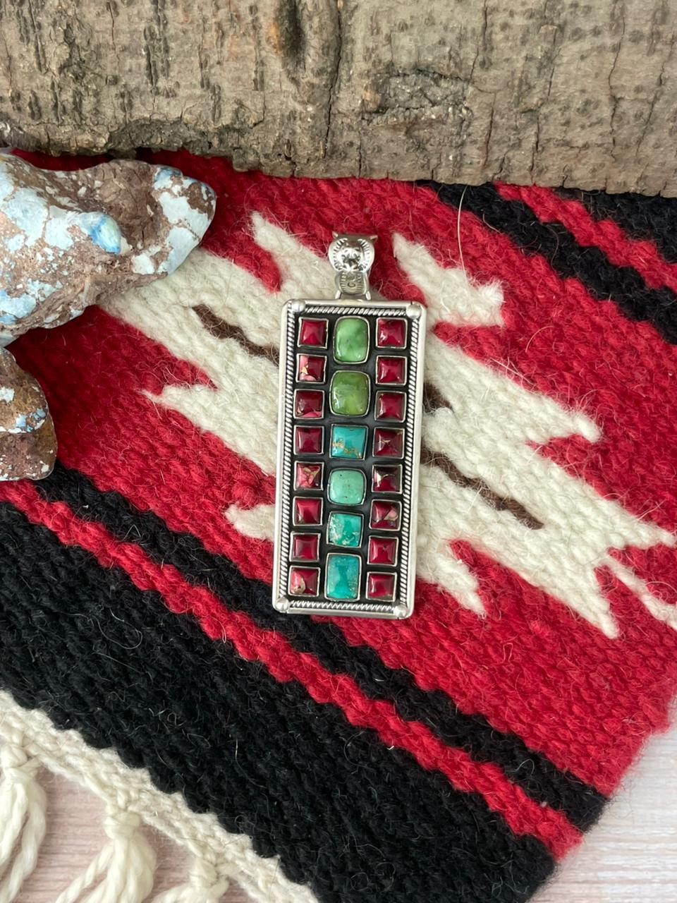 Handmade Sterling Silver Dahlia Rose with Emerald Valley Turquoise Pendant "Signed Nizhoni"