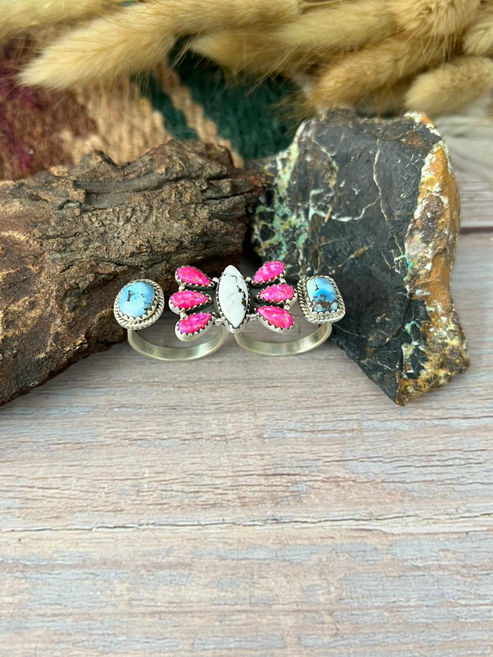 Handmade Sterling Silver Hot Pink with White Buffalo and Golden Hills Turquoise Adjustable Ring "Signed Nizhoni"