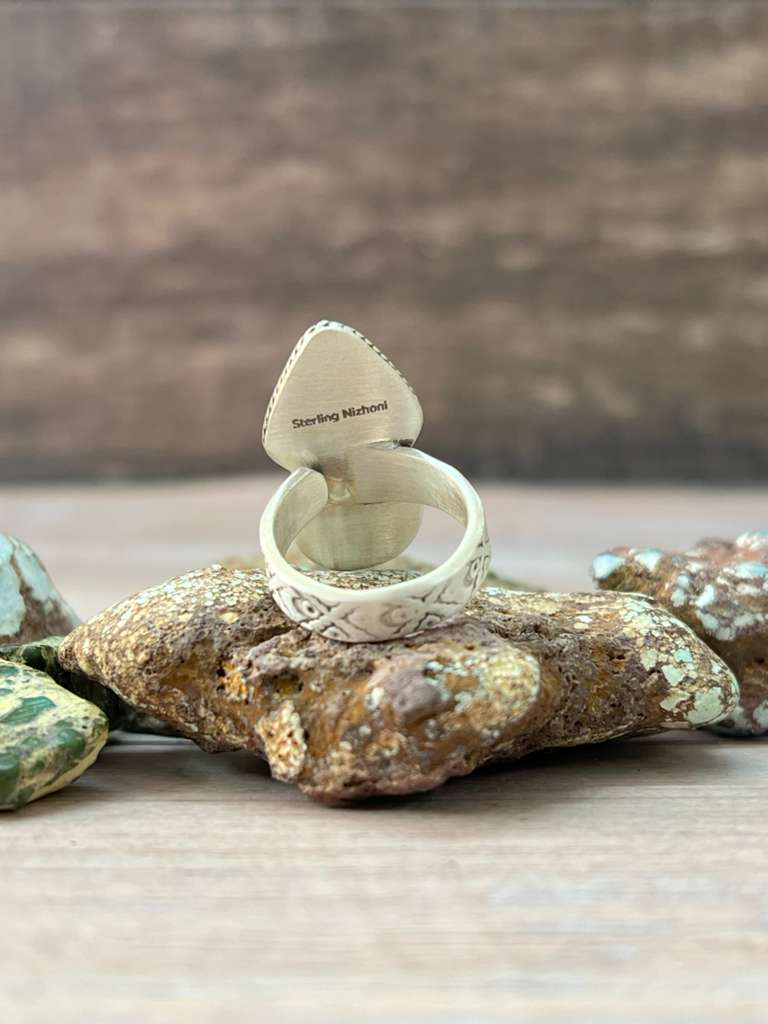 Handmade Sterling Silver Kingman Turquoise Adjustable Ring "Signed Nizhoni"