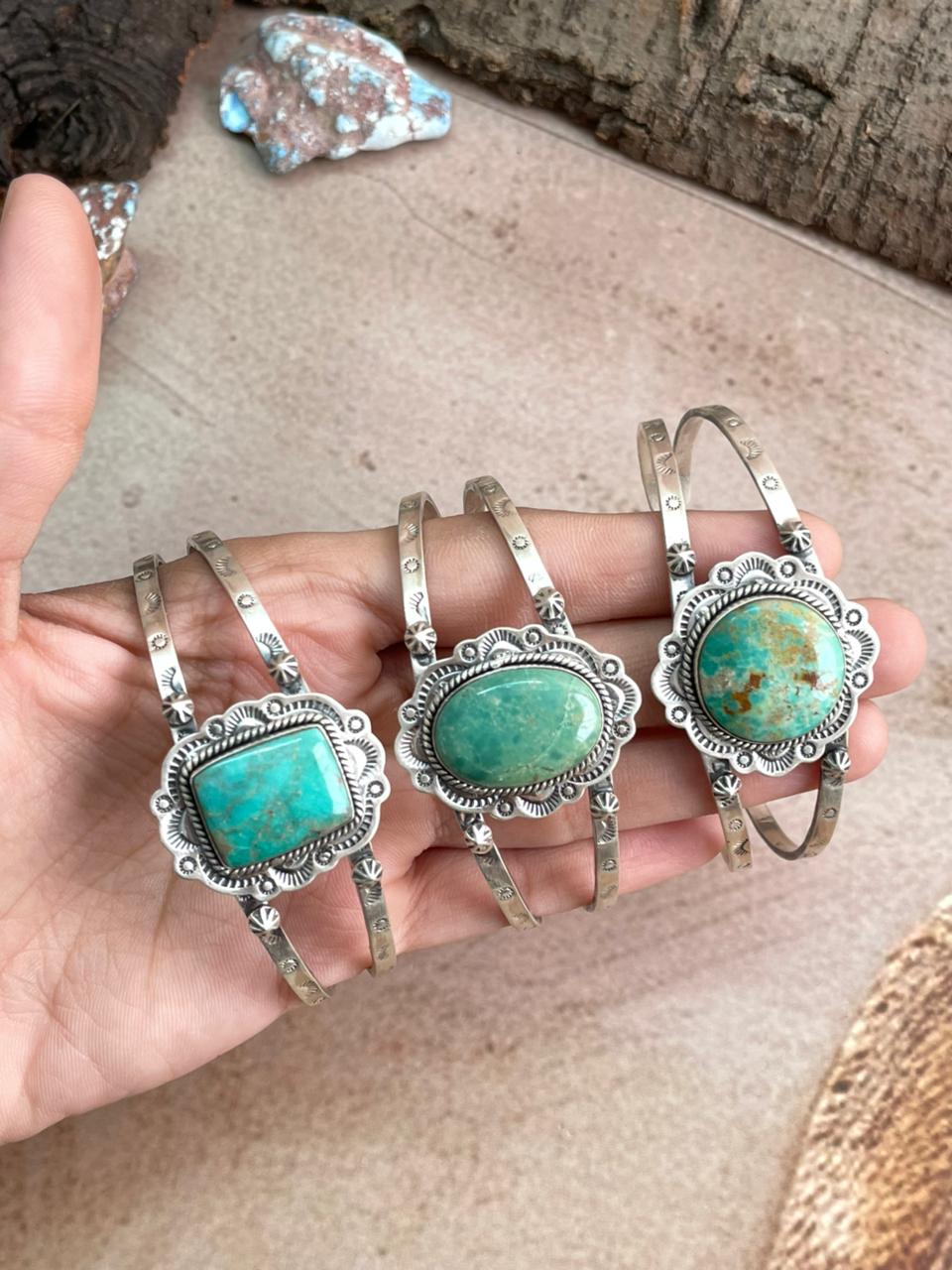 Handmade Sterling Silver Mantis Turquoise Cuff Bracelet with Signed Nizhoni