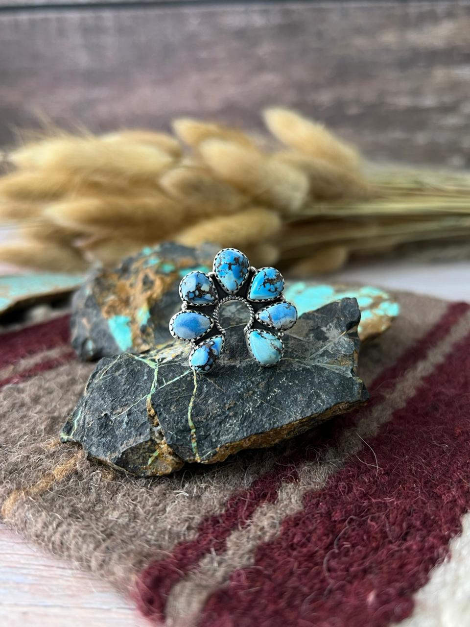 Handmade Sterling Silver Golden Hills Turquoise Adjusatble Ring "Signed Nizhoni"