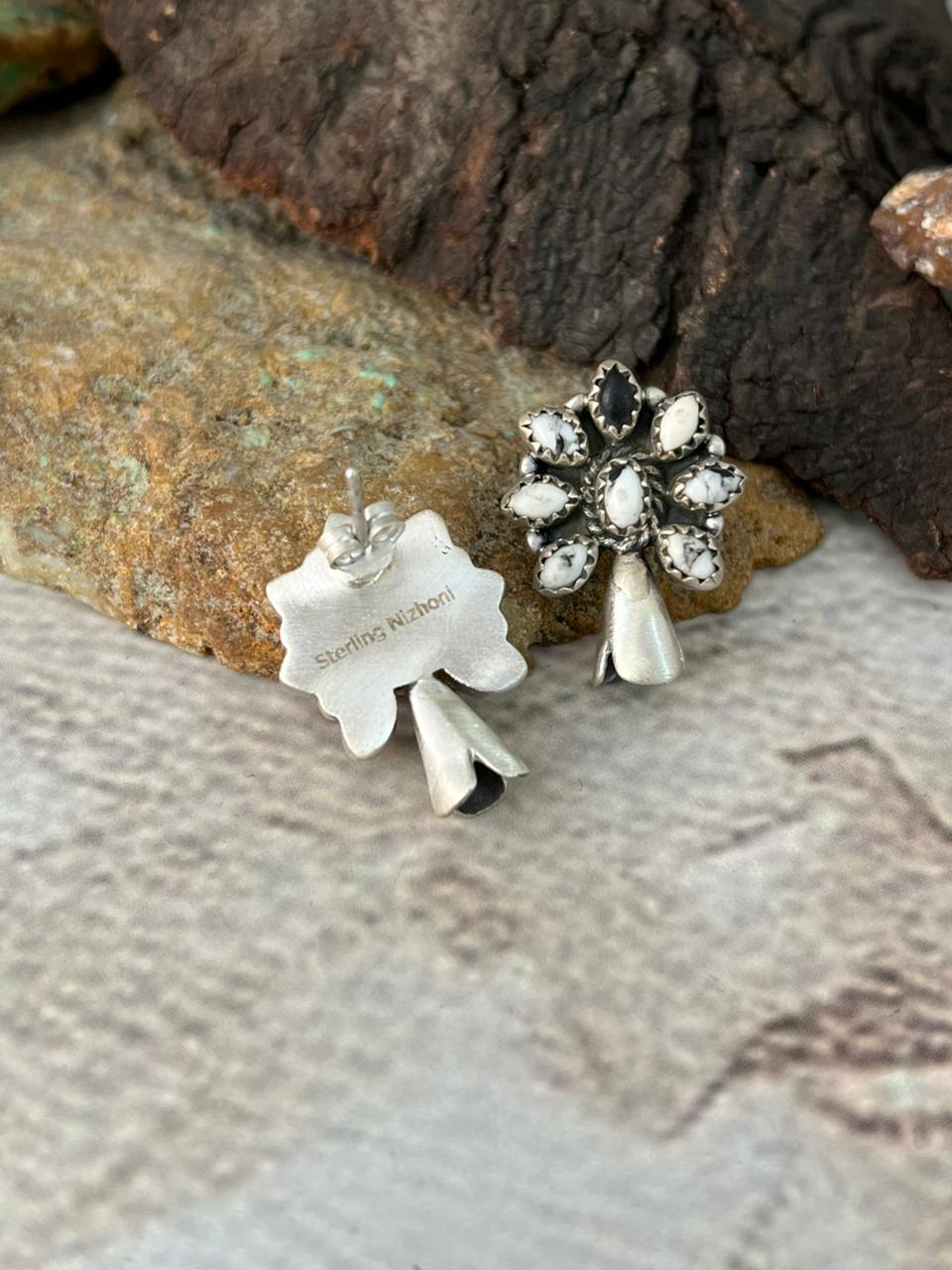 Handmade Sterling Silver White Buffalo Post Studs Earrings "Signed Nizhoni"