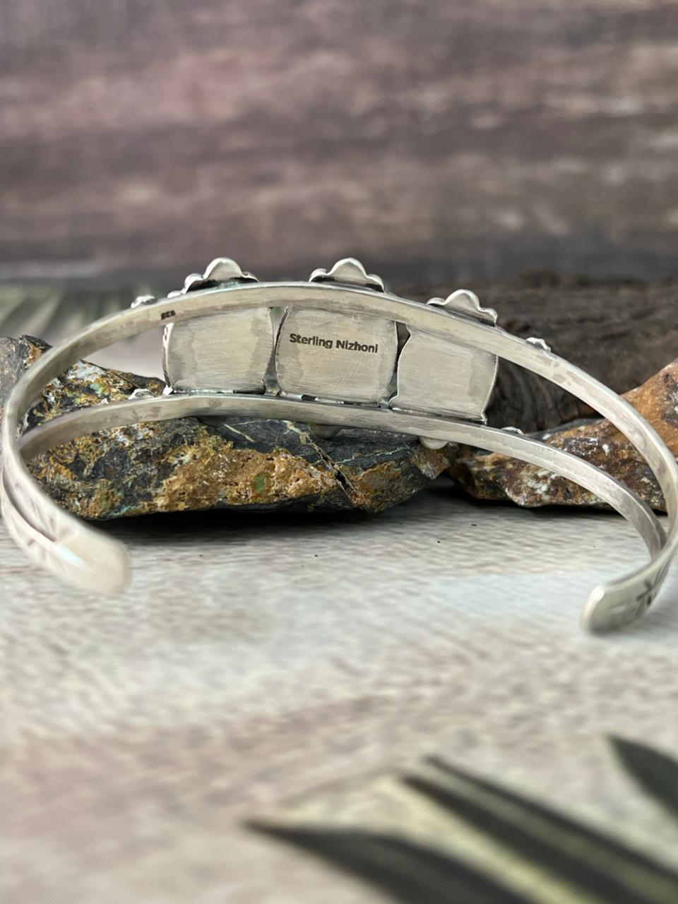 Handmade Sterling Silver Blackjack Turquoise Cuff Bracelet "Signed Nizhoni"