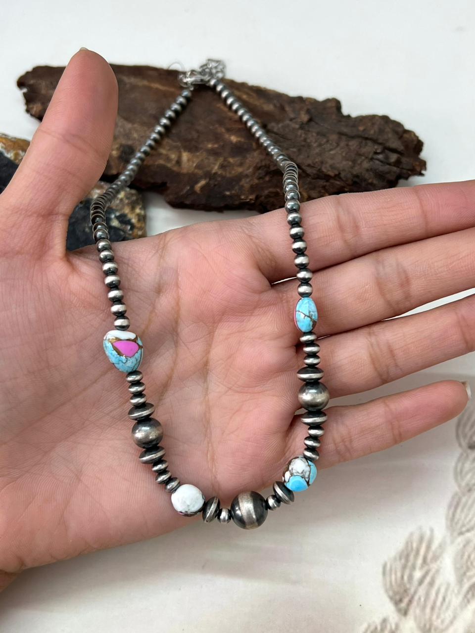 Handmade Sterling Silver Beaded Cotton Candy Necklace "Signed Nizhoni"