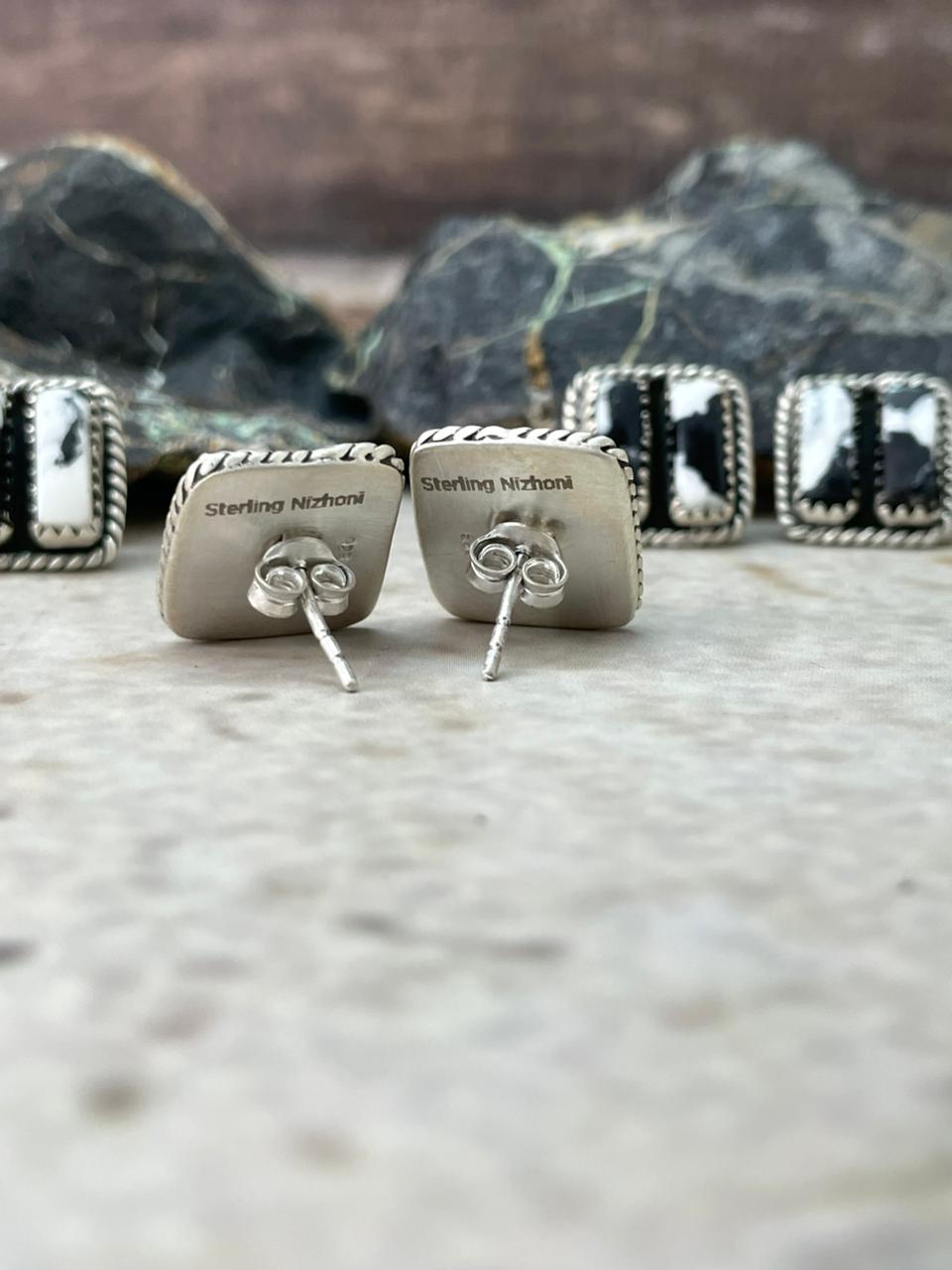 Handmade Sterling Silver White Buffalo Post Studs Earrings "Signed Nizhoni"