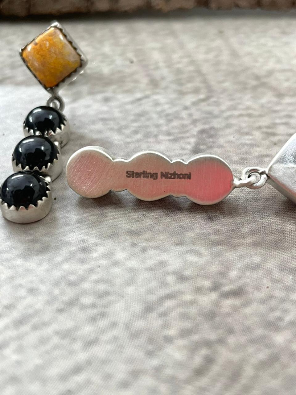 Handmade Sterling Silver Bumblebee with Black Onyx Post Dangle Earrings with Signed Nizhoni