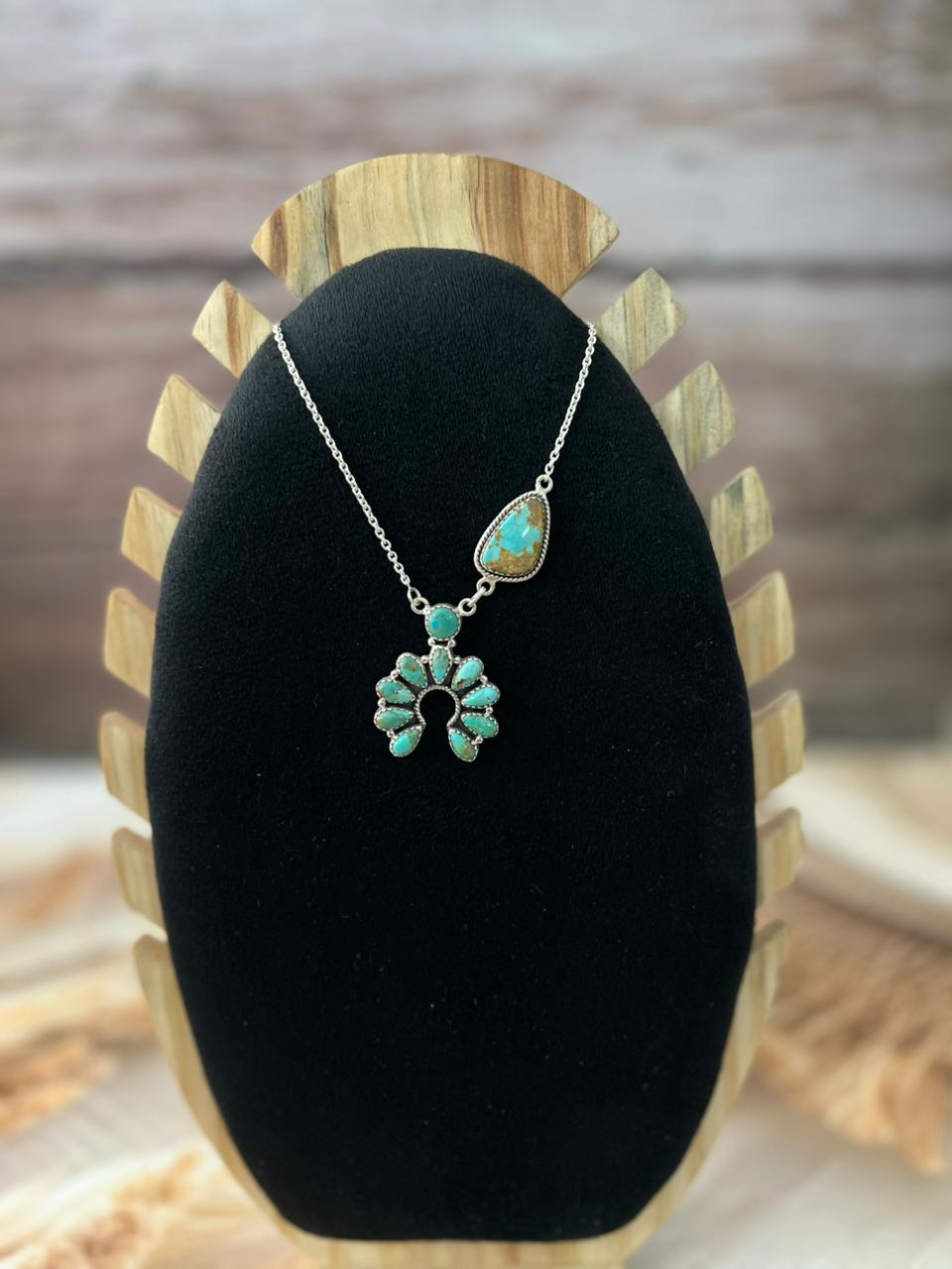 Handmade Sterling Silver Kingman with Number 8 Turquoise Necklace "Signed Nizhoni"