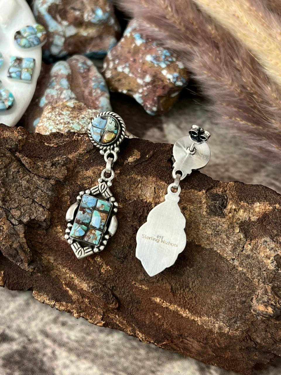 Handmade Sterling Silver Golden Hills Cobble Collection Post Dangle Earrings "Signed Nizhoni"