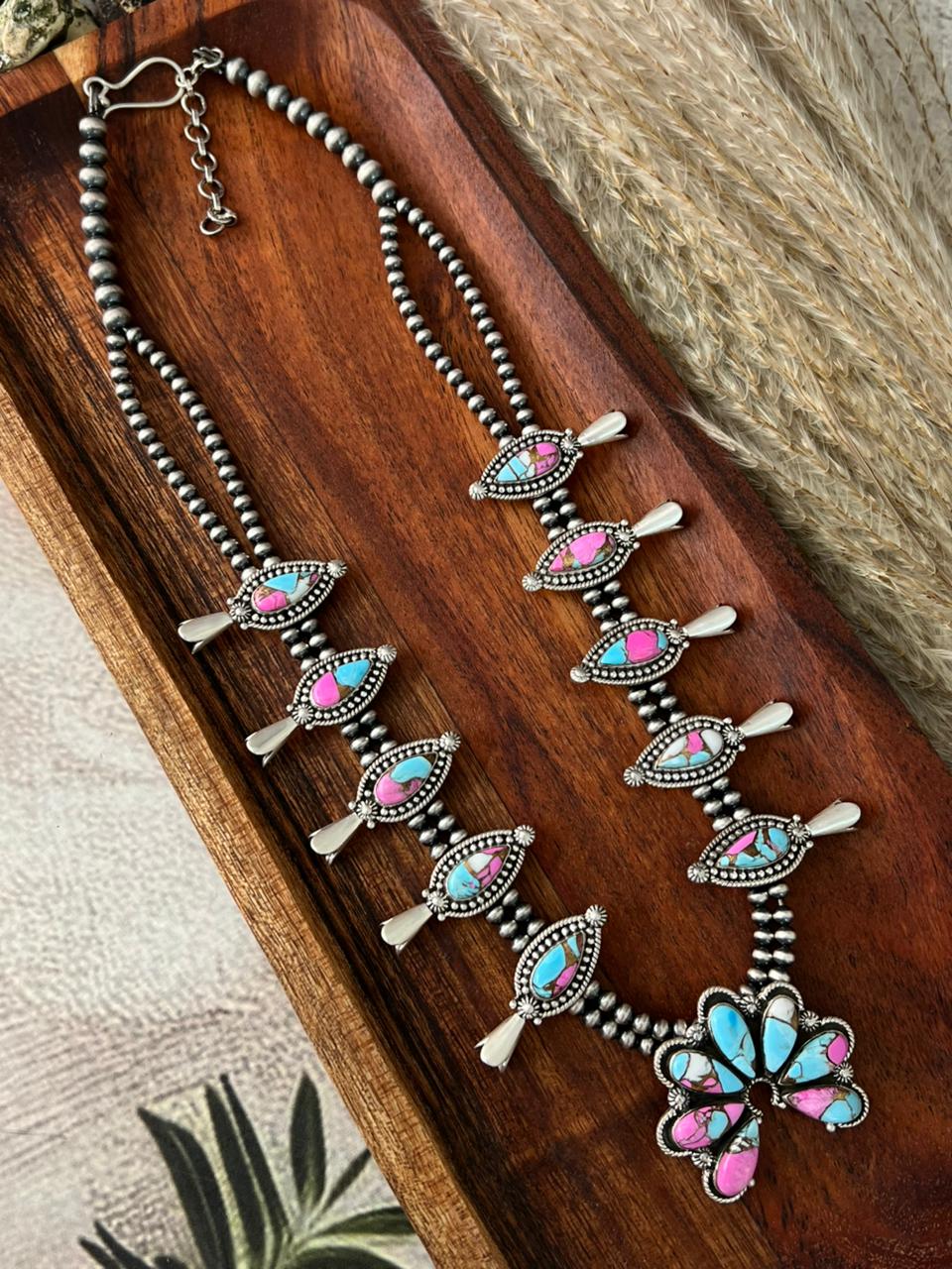 Handmade Sterling Silver Cotton Candy Squash Blossom Beaded Necklace "Signed Nizhoni"