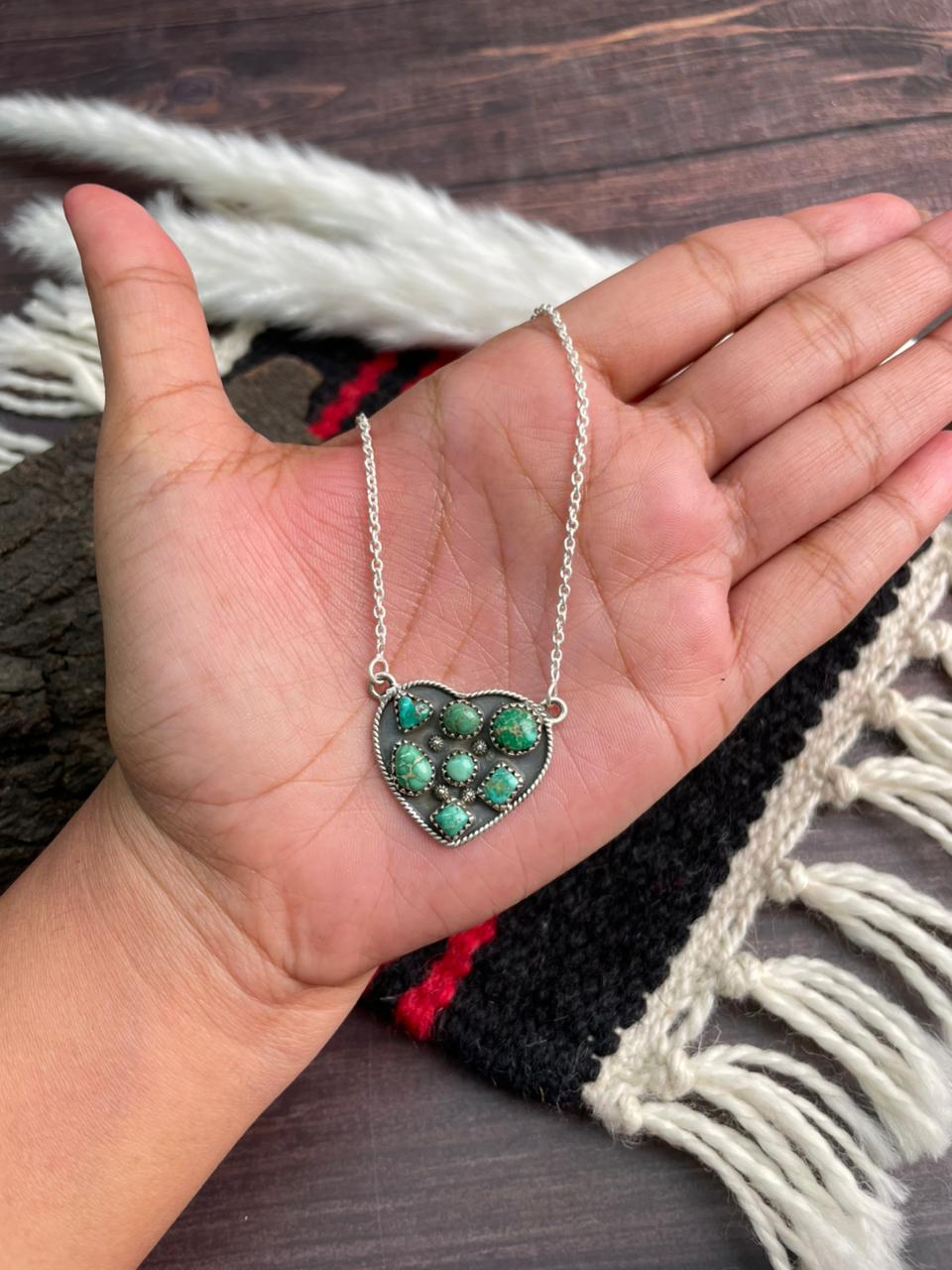Handmade Sterling Silver Emerald Valley Turquoise Heart Necklace "Signed Nizhoni"