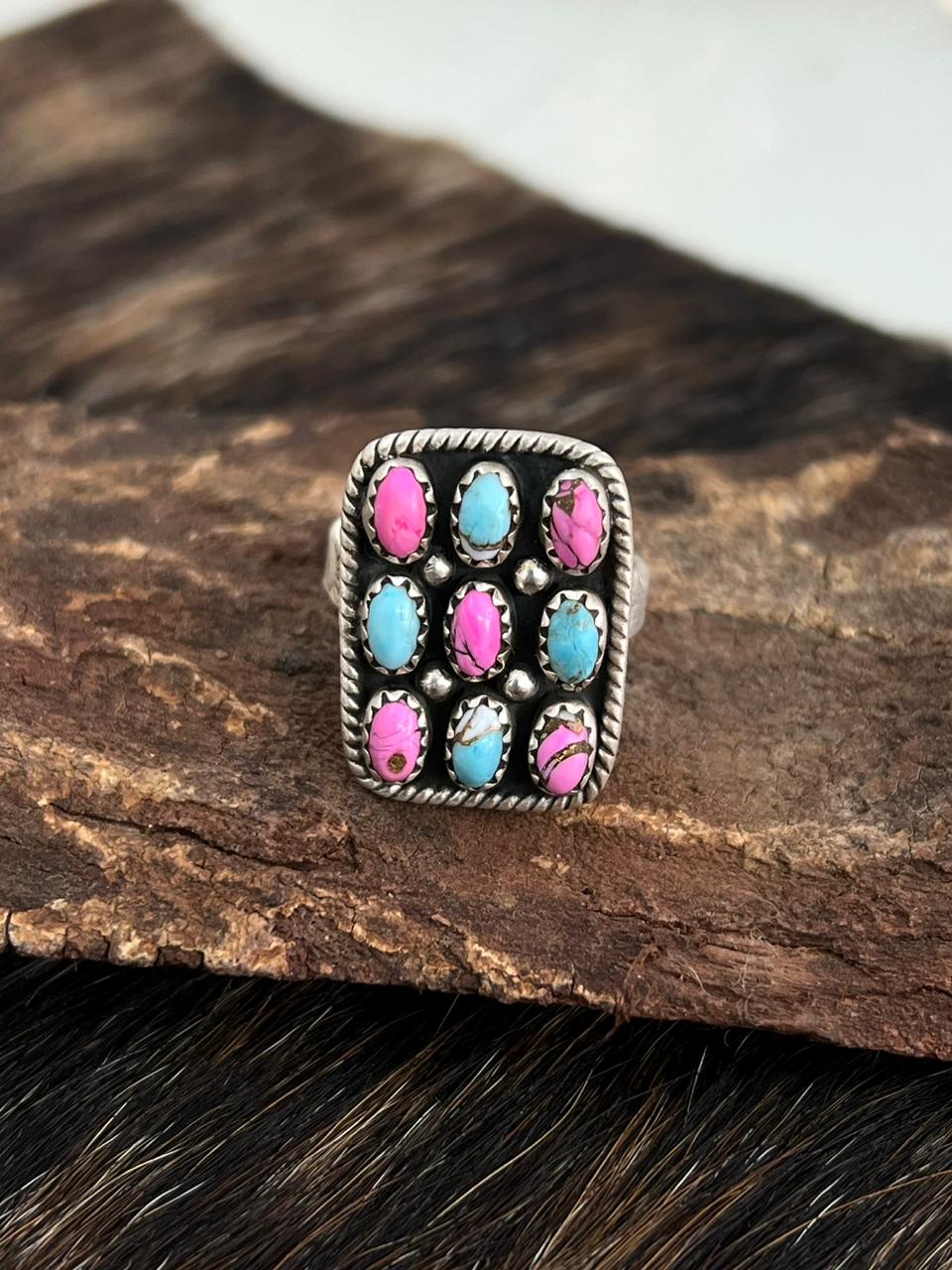 Handmade Sterling Silver Cotton Candy Turquoise Adjustable Ring "Signed Nizhoni"