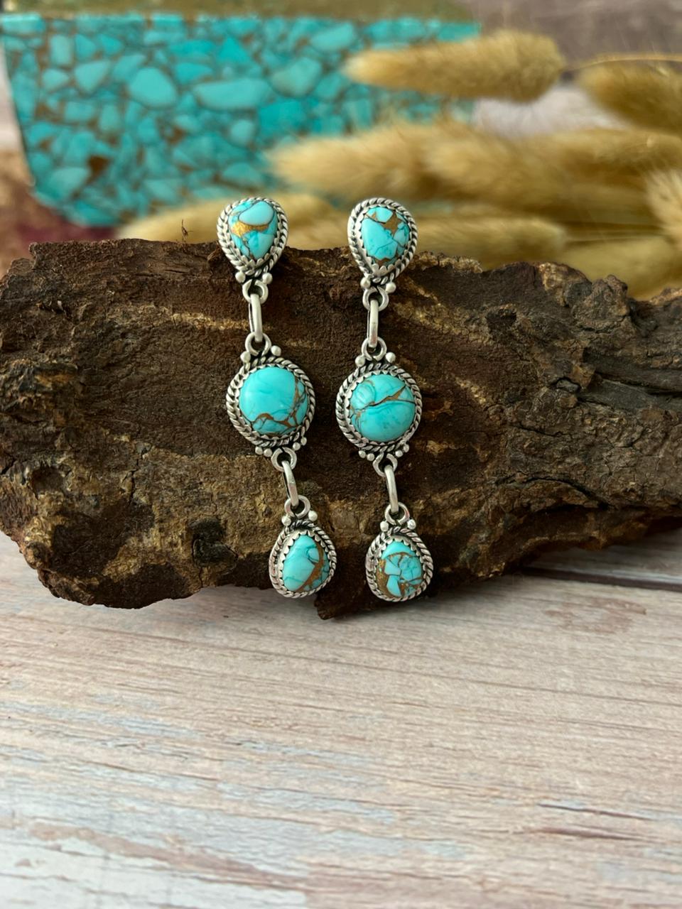 Handmade Sterling Silver Mint Dahlia Collection: Post Dangle Earrings "Signed Nizhoni"