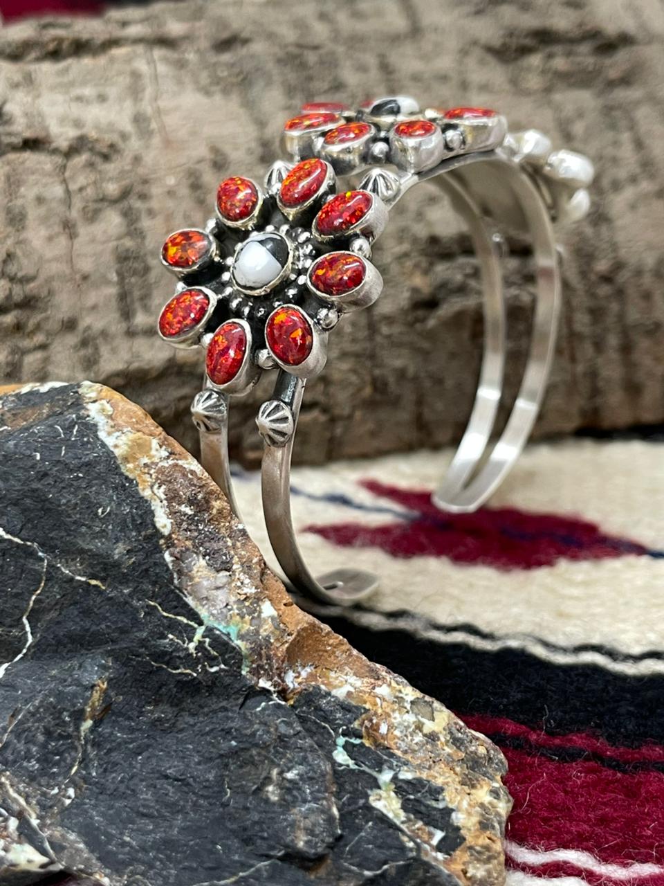 "Christmas Collection" Handmade Sterling Silver White Buffalo With Red Opal Cuff Bracelet "Signed Nizhoni"