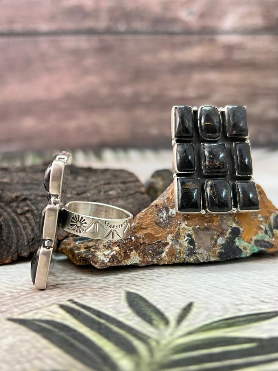 Handmade Sterling Silver Blackjack Turquoise Adjustable Ring " Signed Nizhoni"