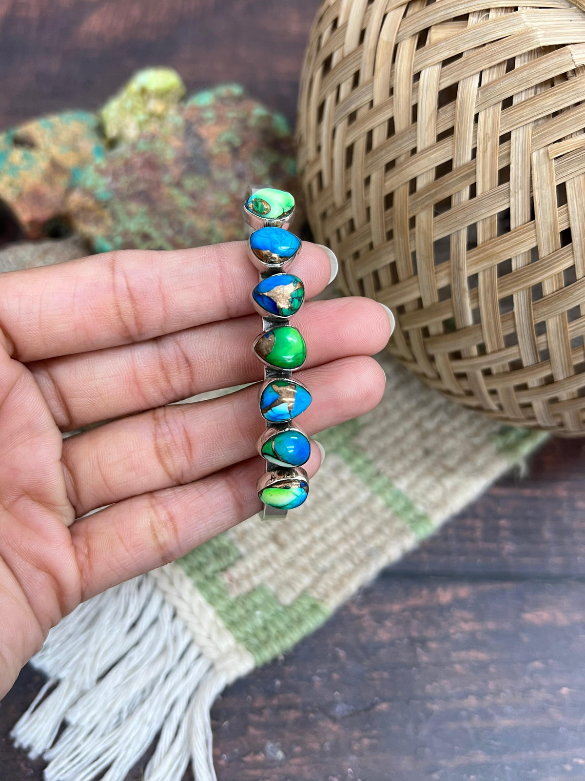 Handmade Sterling Silver Peacock Dahlia Cuff Bracelet with Signed Nizhoni