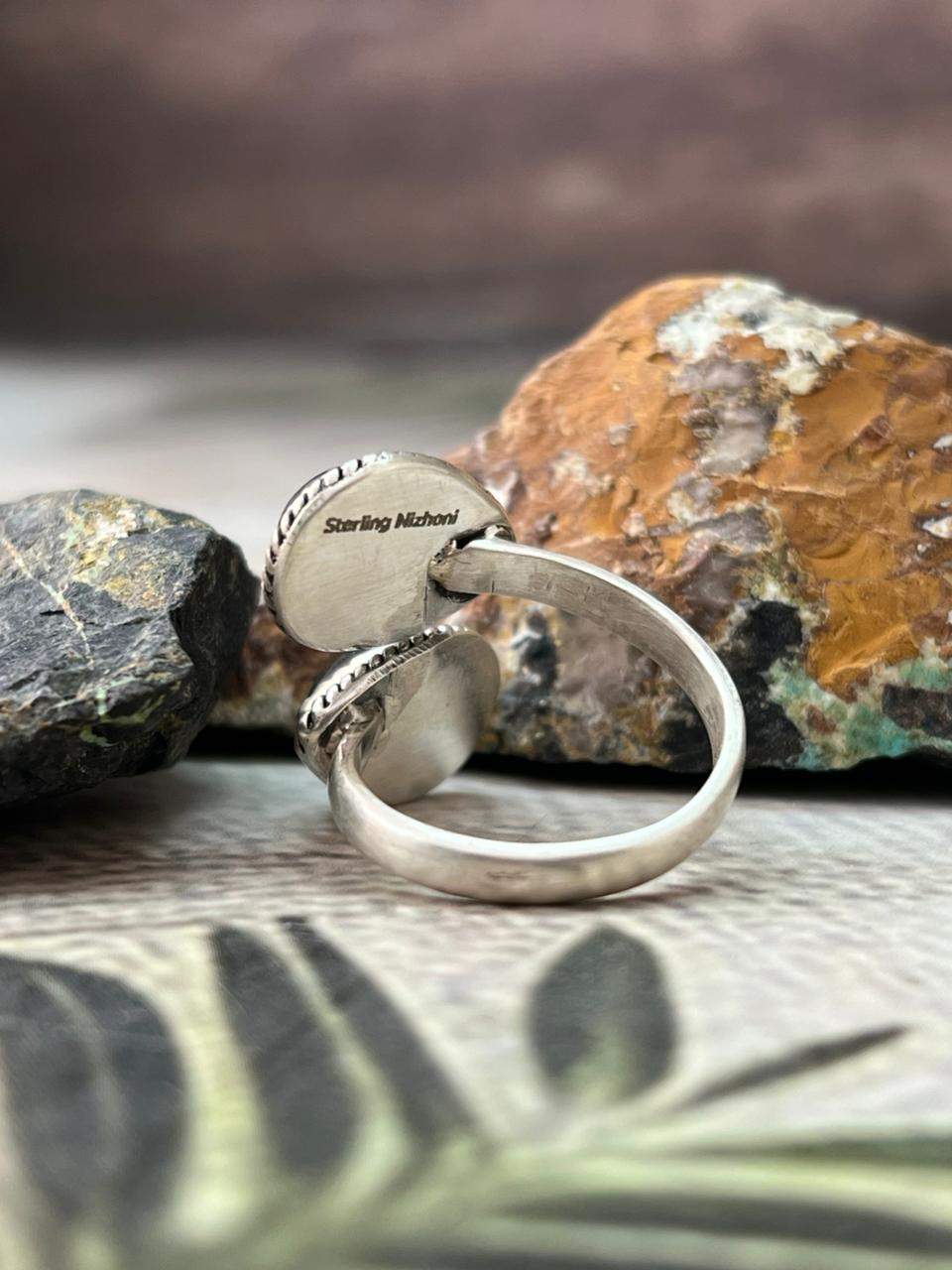 Handmade Sterling Silver Blackjack Turquoise Adjustable Ring " Signed Nizhoni"