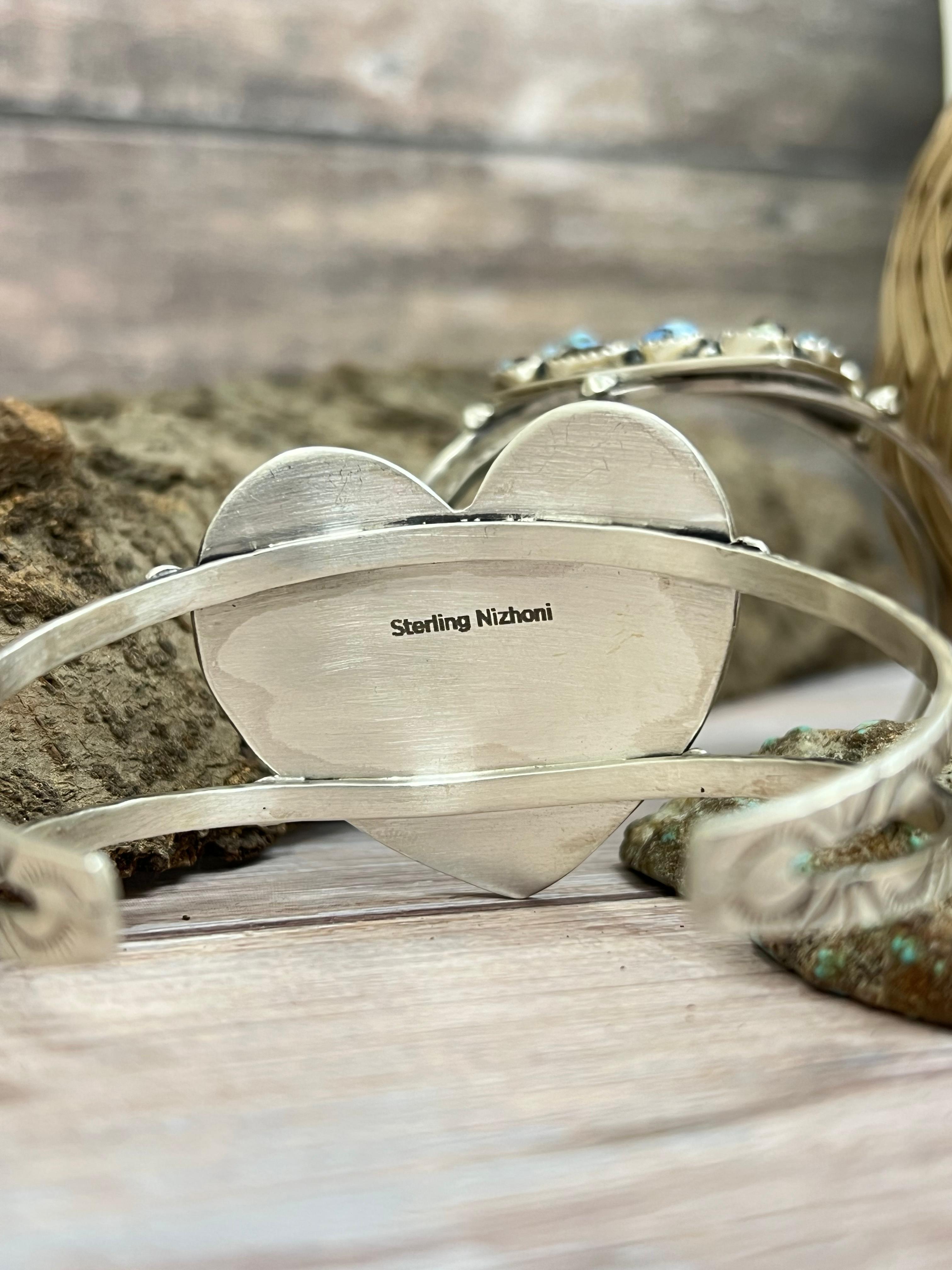 Handmade Sterling Silver Golden Hill, Sonoran Mountain Turquoise Heart Bracelet with Signed Nizhoni /