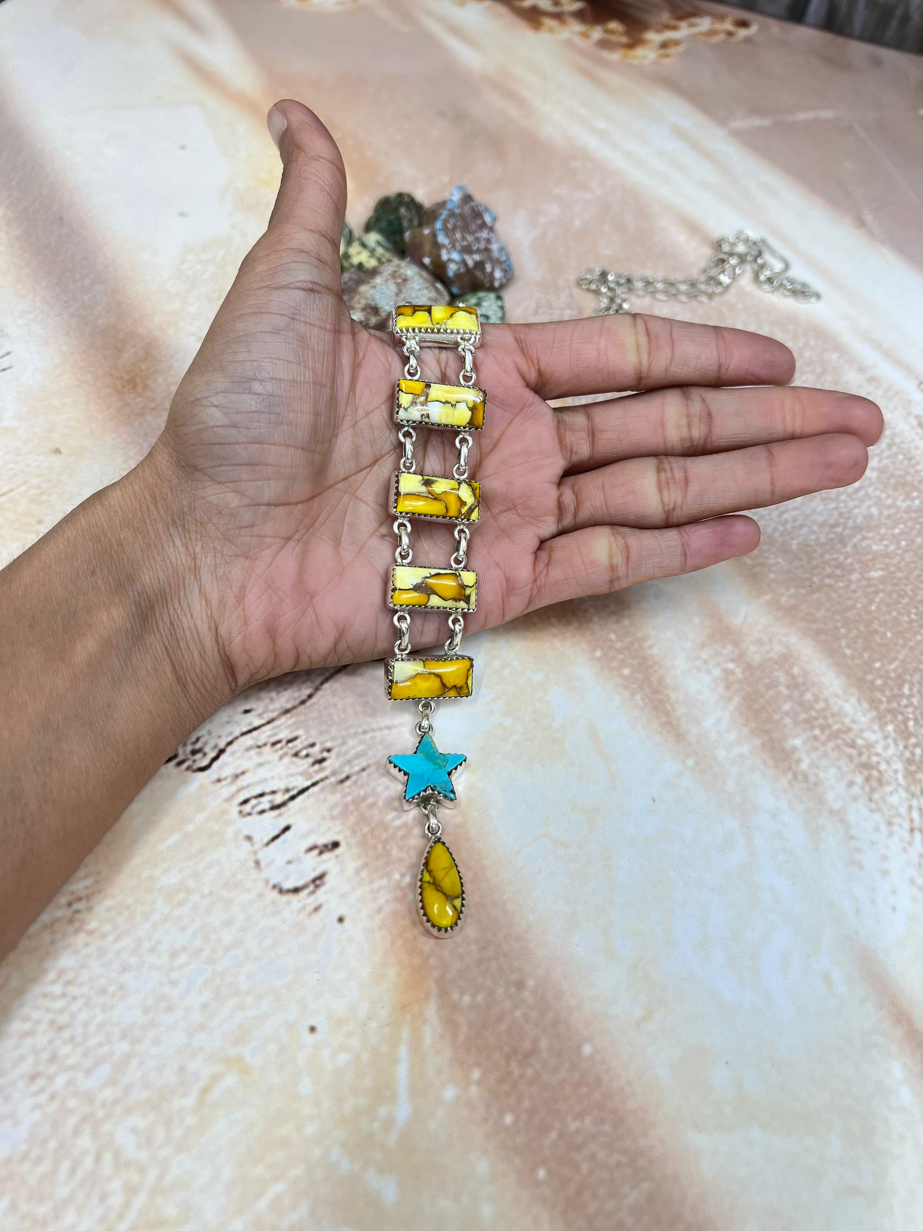 Handmade Sterling Silver Honey Dahlia with Kingman Turquoise Necklace with Signed Nizhoni