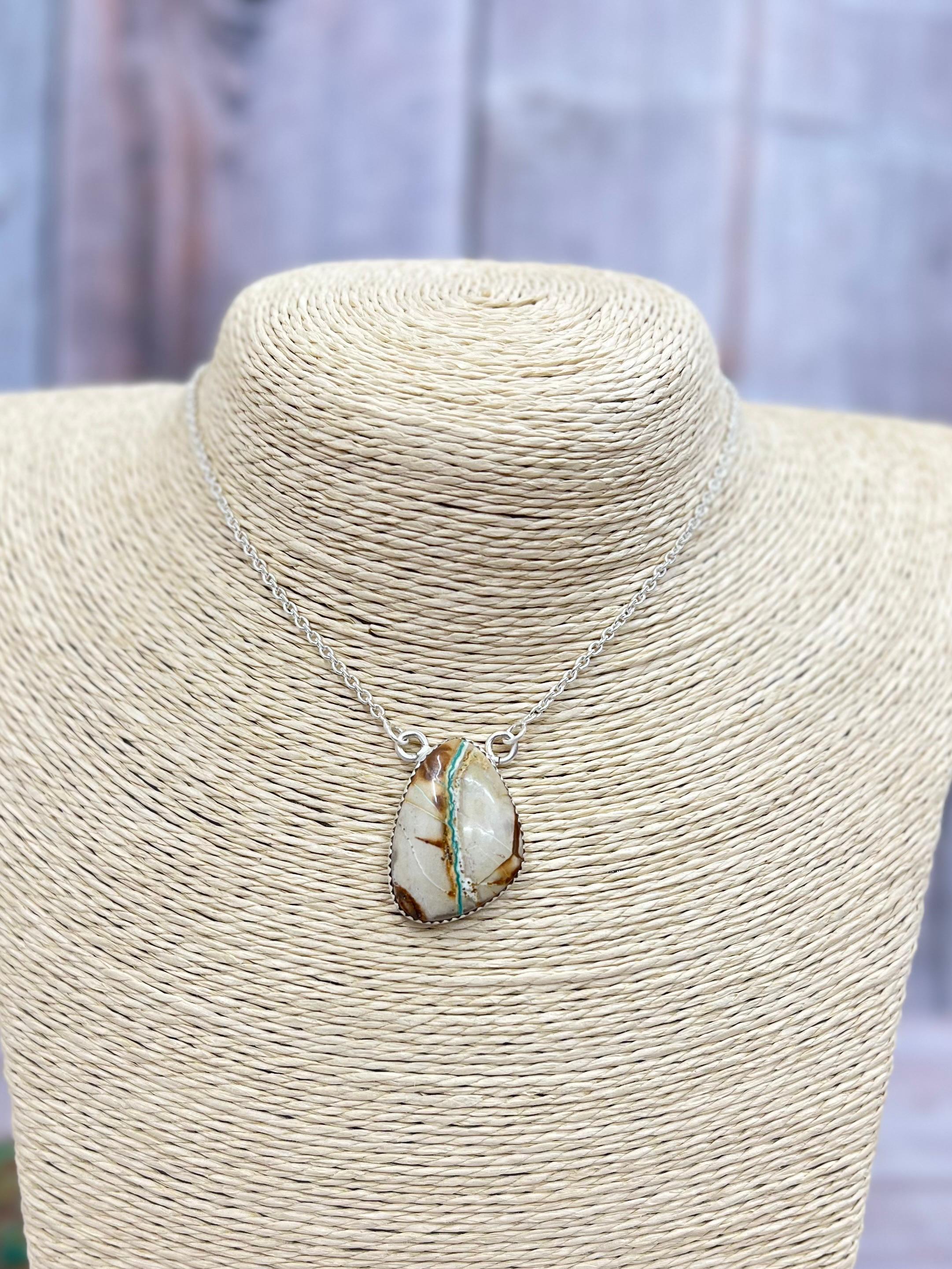 Handmade Sterling Silver Ribbon Royston Necklace with Signed Nizhoni