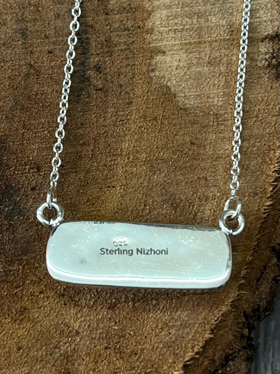Handmade Sterling Silver White Buffalo Bar Necklace "Signed Nizhoni"