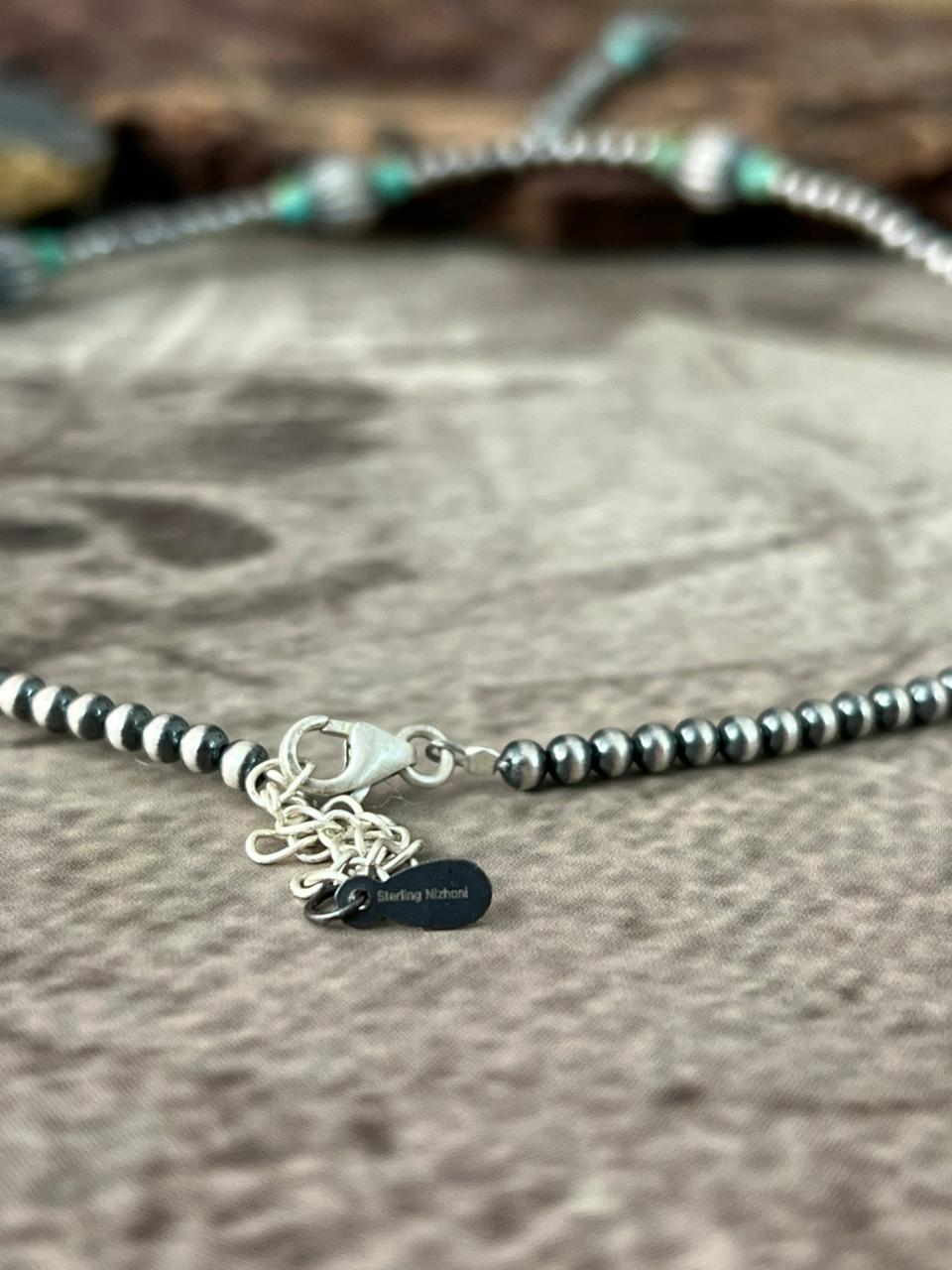 Handmade Sterling Silver Kingman Turquoise Beaded Necklace "Signed Nizhoni"