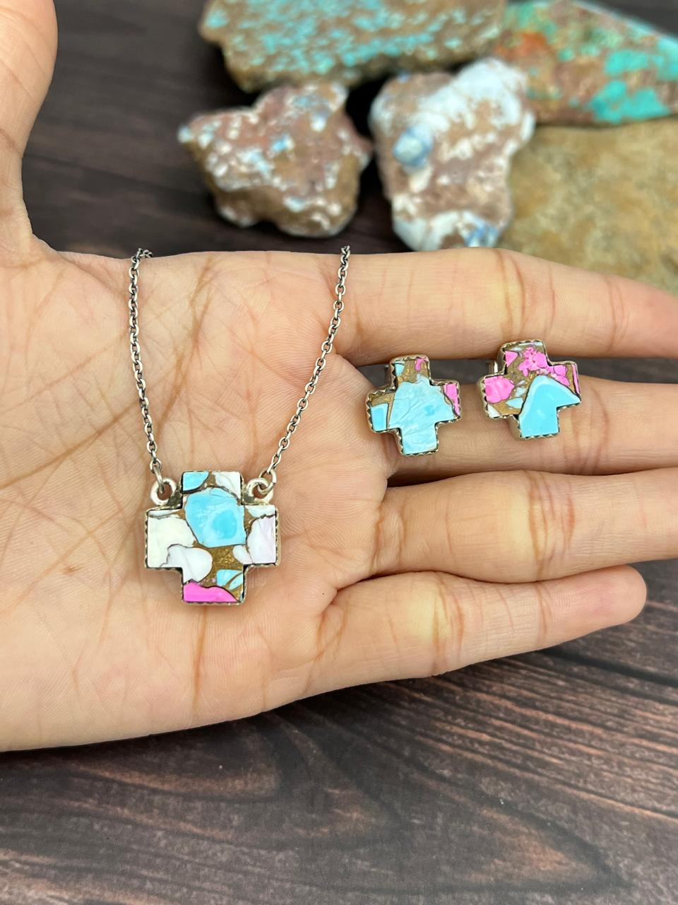 Handmade Sterling Silver Cotton Candy Turquoise Cross Necklace Earrings Set, Signed Nizhoni