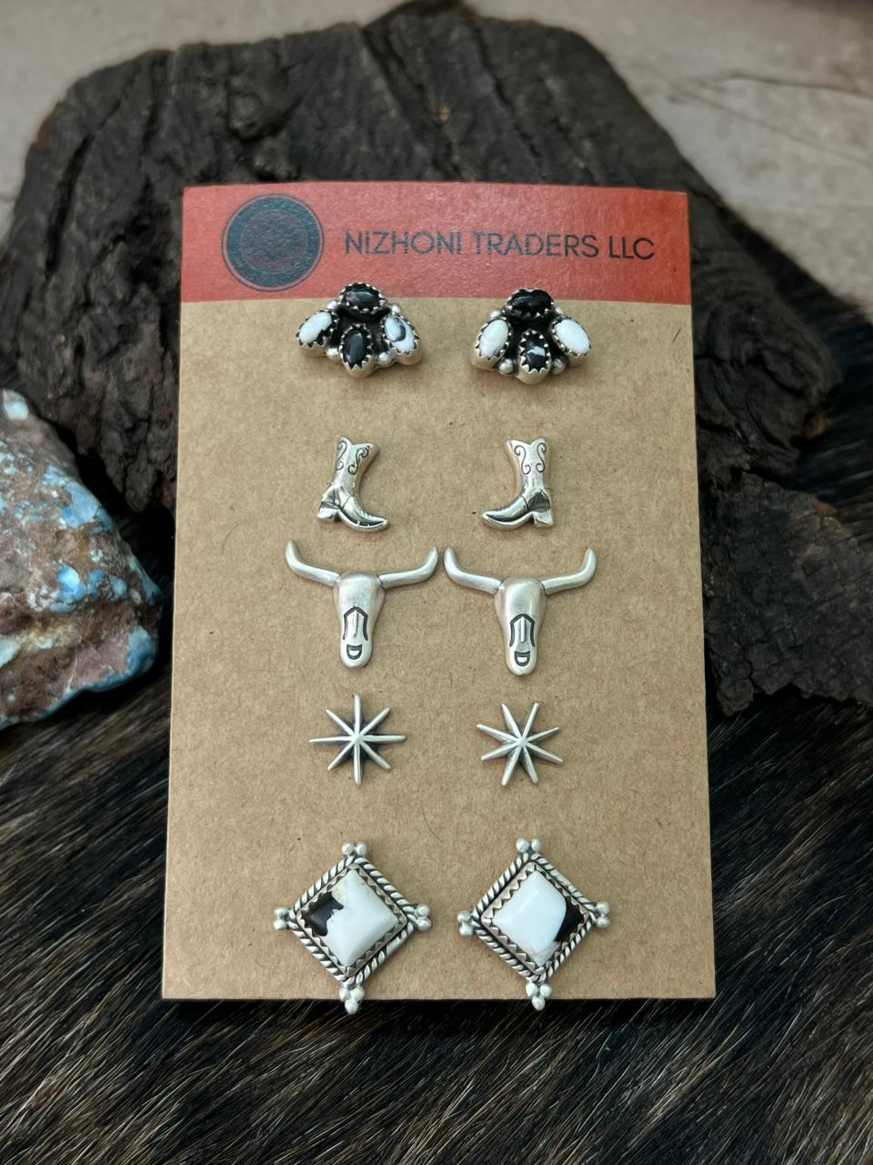 Handmade Sterling Silver White Buffalo Post Studs Earrings Set